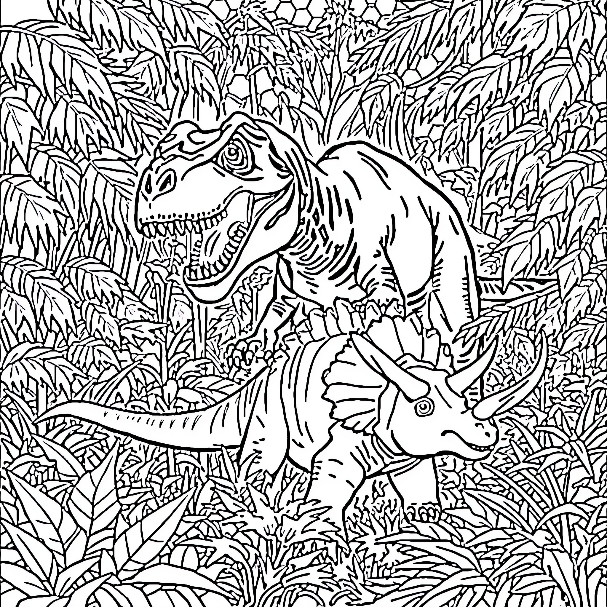 T-Rex Hunting Triceratops in Jurassic Jungle Coloring Page (free black-and-white line drawing printable PDF for all, from beginners to advanced learners, including children, teens, adults, and seniors)