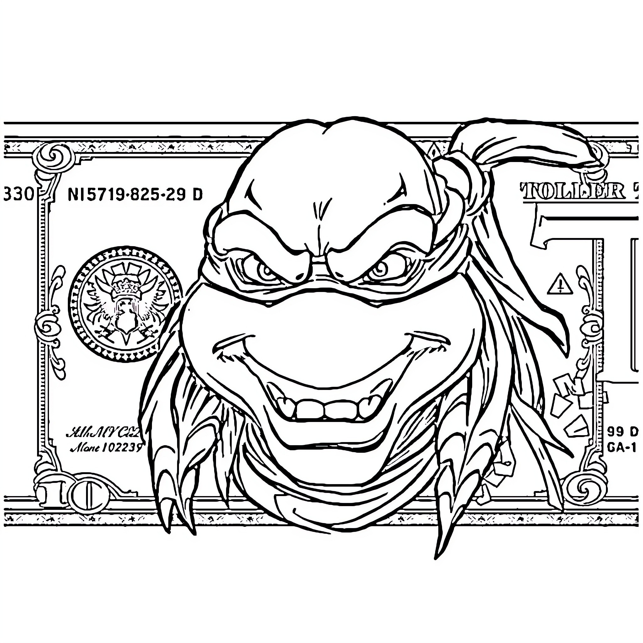 SuperFly Mischievous Creature on Stylized Dollar Bill Coloring Page (free black-and-white line drawing printable PDF for all, from beginners to advanced learners, including children, teens, adults, and seniors)