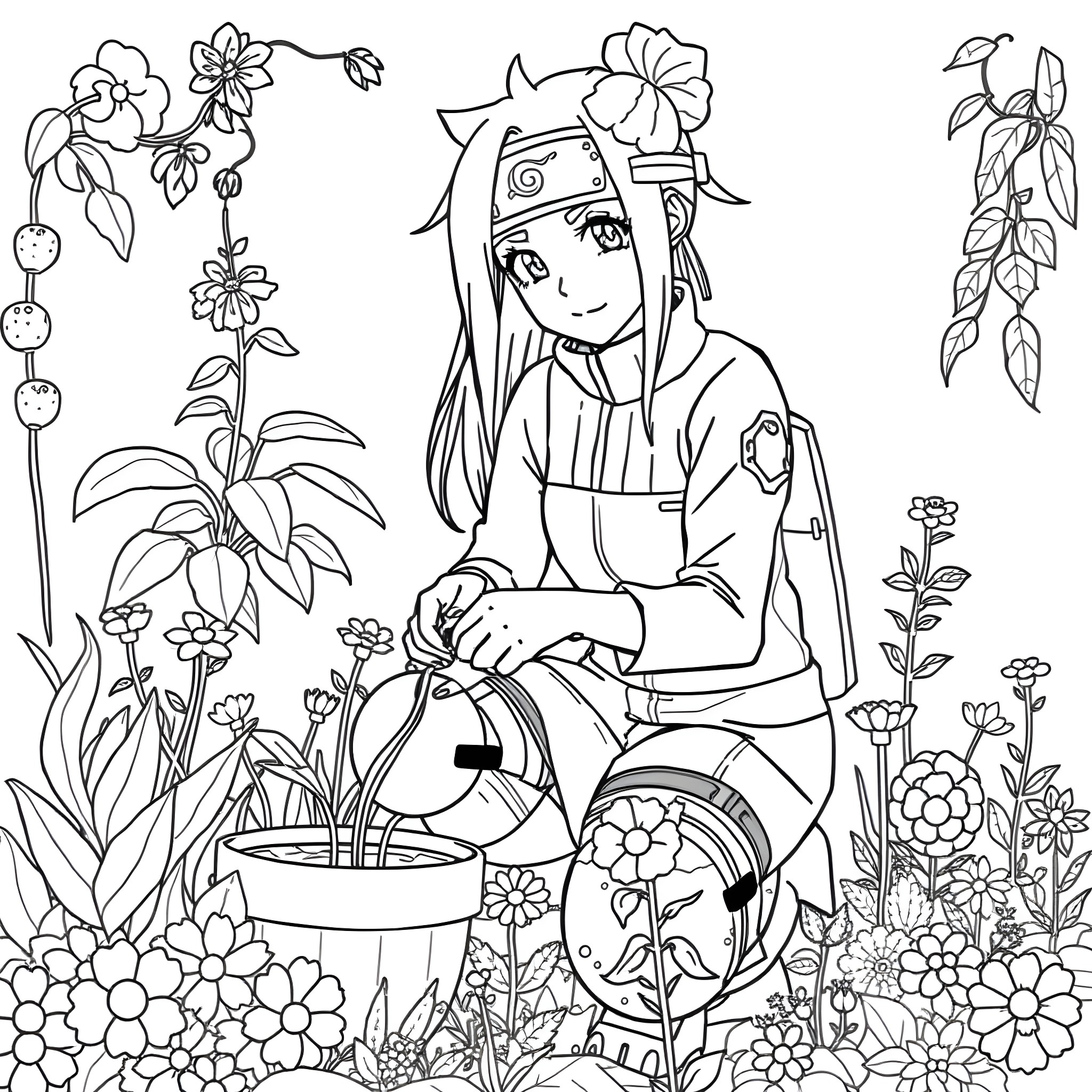 Hinata tending to the garden with flowers and plants Coloring Page (free black-and-white line drawing printable PDF for all, from beginners to advanced learners, including children, teens, adults, and seniors)