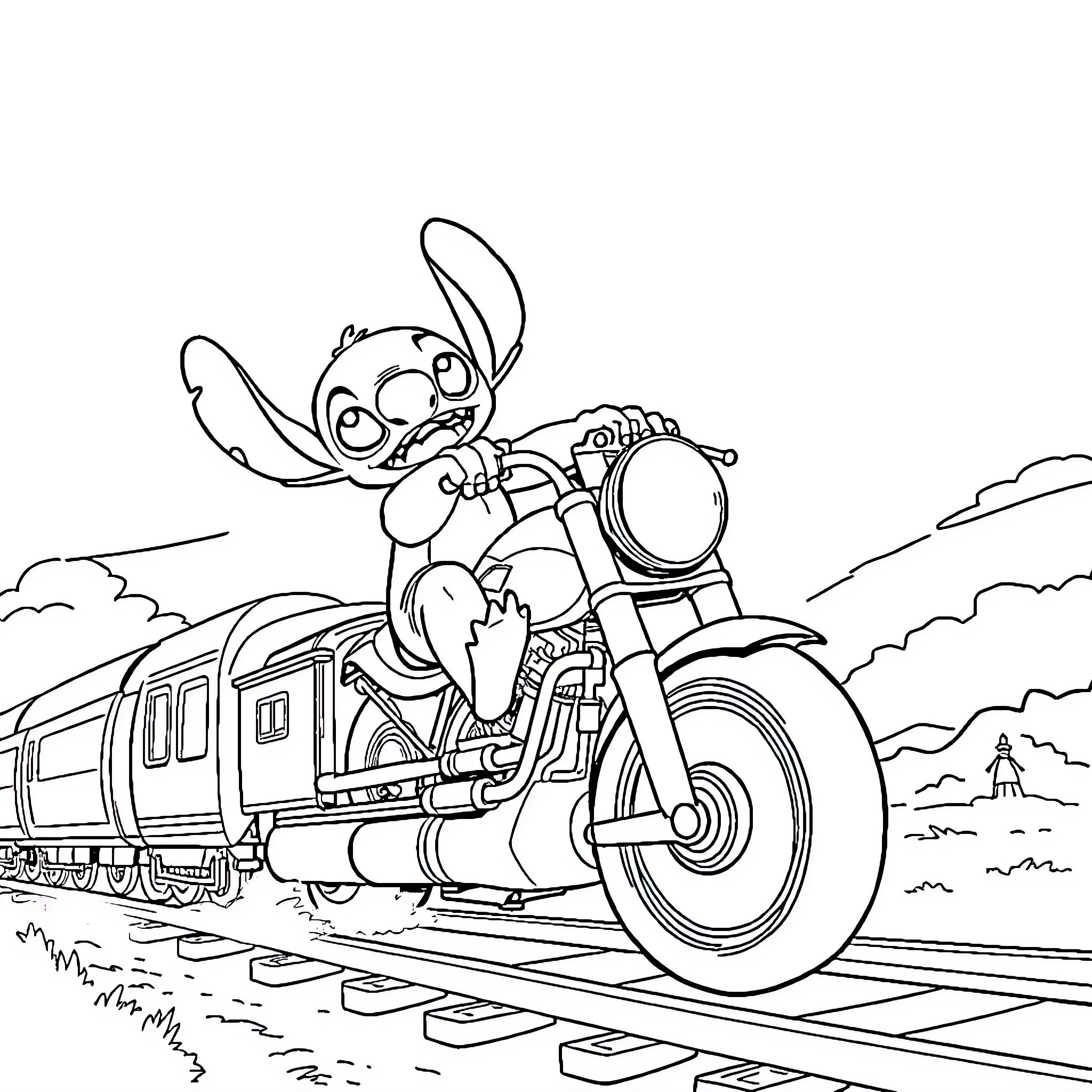 Stitch riding motorcycle on railway tracks Coloring Page (free black-and-white line drawing printable PDF for all, from beginners to advanced learners, including children, teens, adults, and seniors)