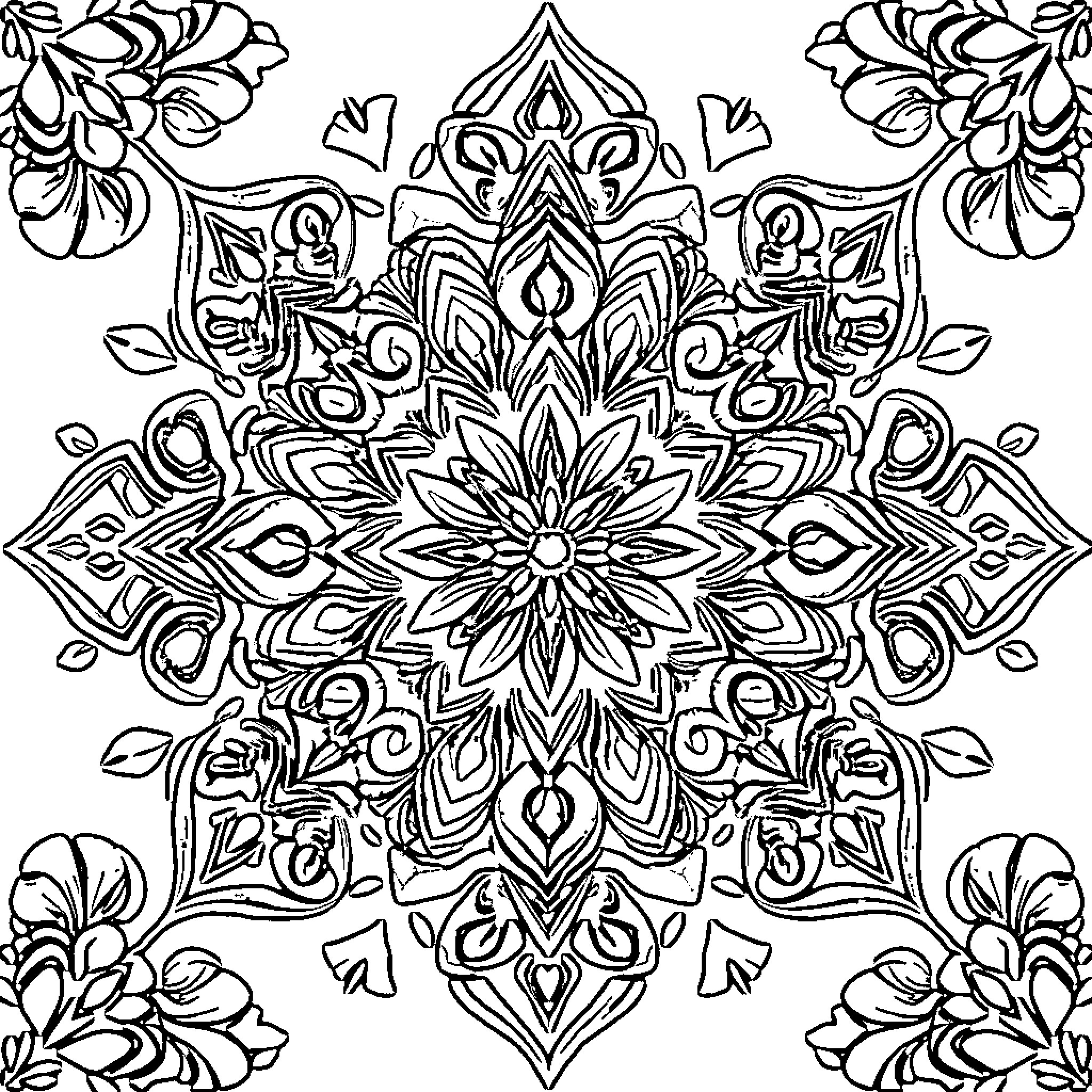 Geometric Pattern of Intricate Floral Designs Coloring Page (free black-and-white line drawing printable PDF for all, from beginners to advanced learners, including children, teens, adults, and seniors)