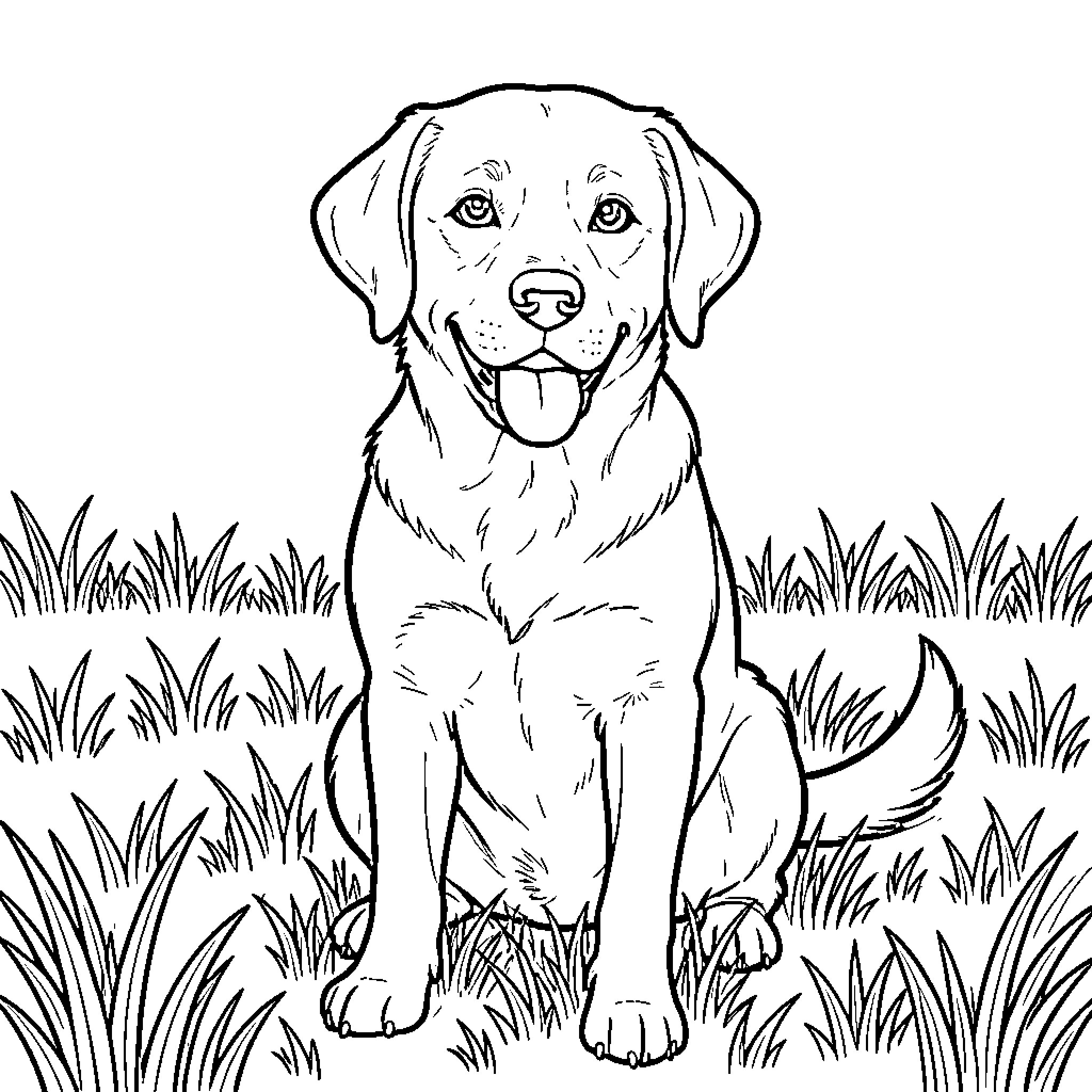 Labrador Retriever sitting happily in the tall grass Coloring Page (free black-and-white line drawing printable PDF for all, from beginners to advanced learners, including children, teens, adults, and seniors)