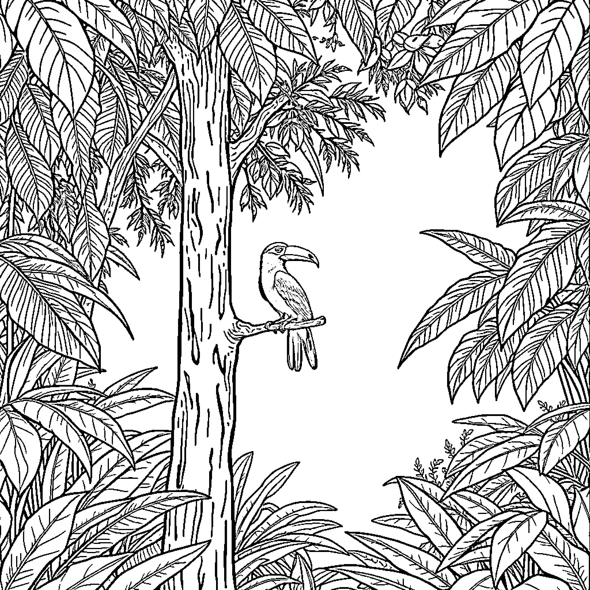 Bird perched on tree in lush jungle Coloring Page (free black-and-white line drawing printable PDF for all, from beginners to advanced learners, including children, teens, adults, and seniors)