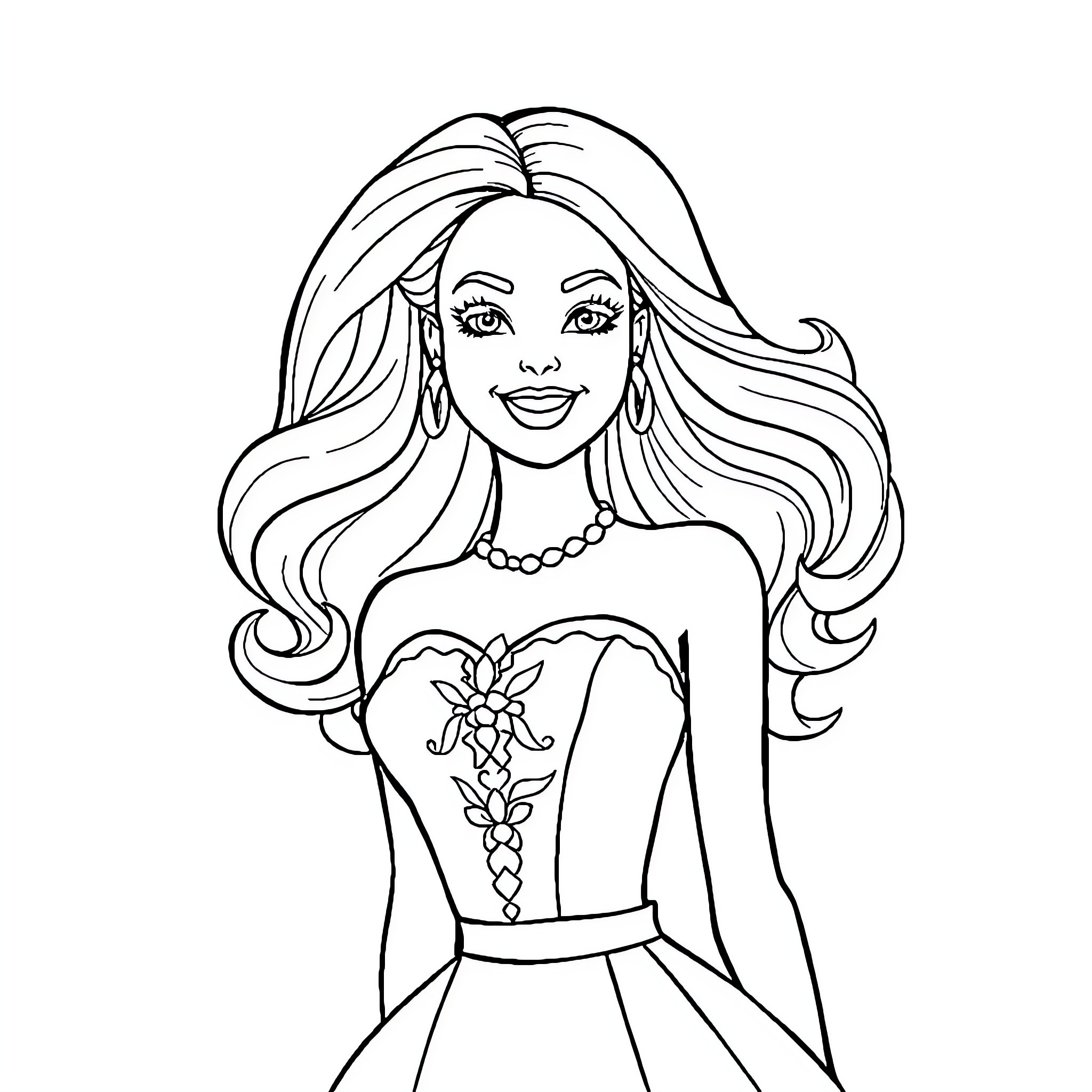 Barbie posing with a lovely dress Coloring Page (free black-and-white line drawing printable PDF for all, from beginners to advanced learners, including children, teens, adults, and seniors)
