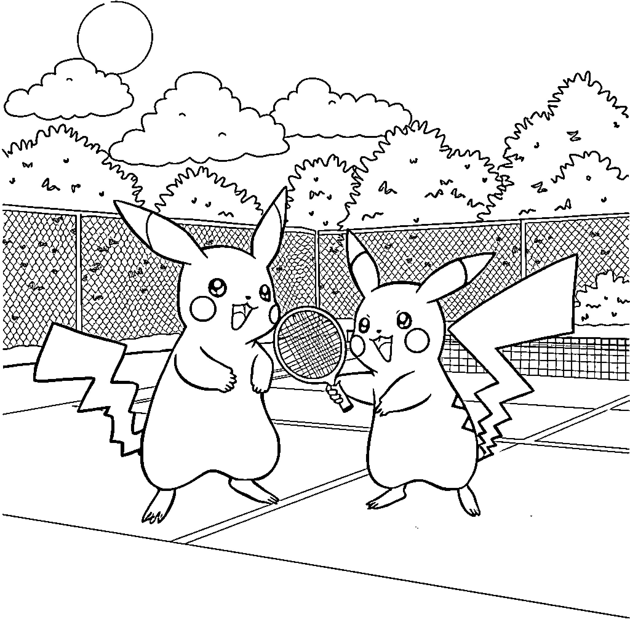 Raichu playing tennis with Pikachu Coloring Page (free black-and-white line drawing printable PDF for all, from beginners to advanced learners, including children, teens, adults, and seniors)