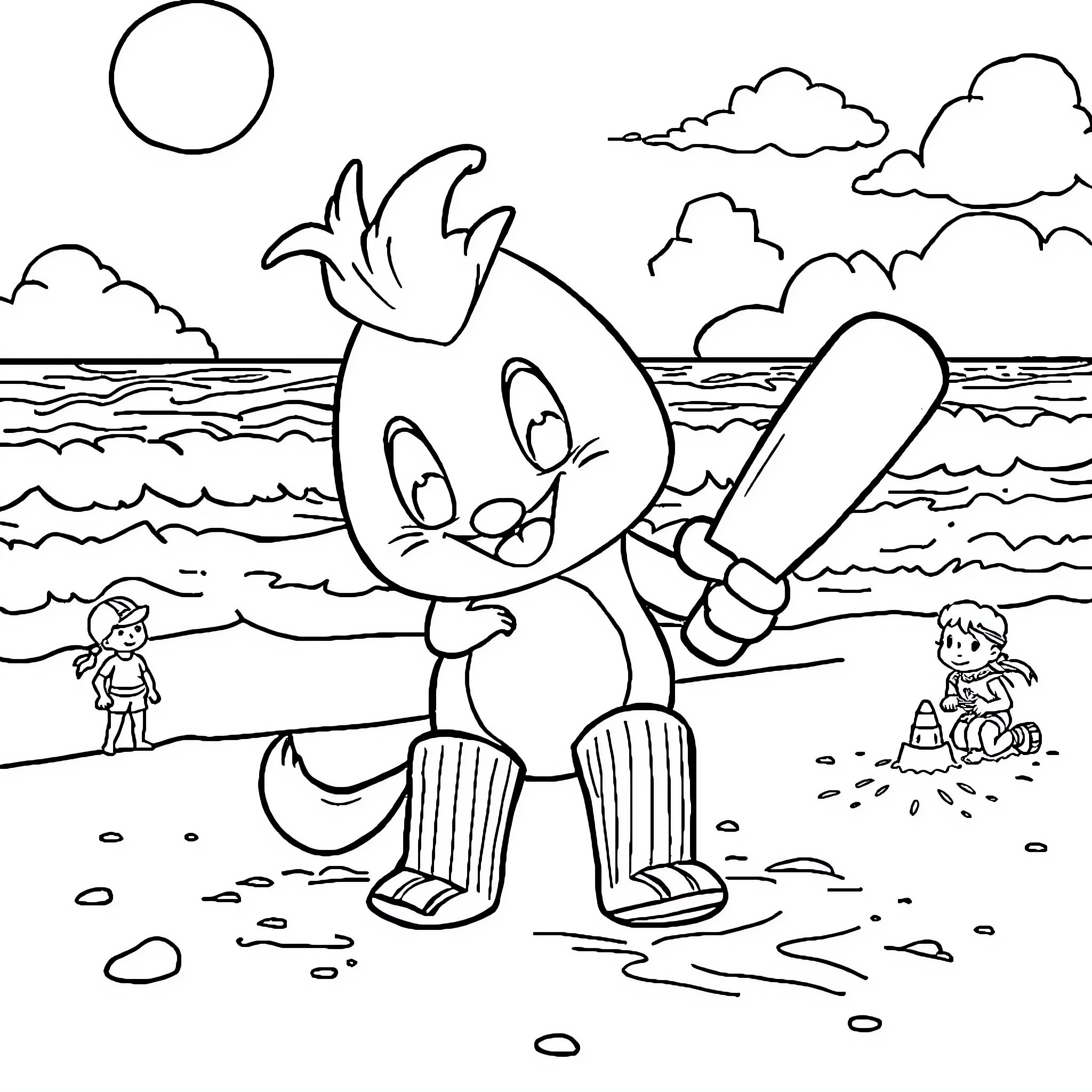 Doreamon playing on the beach with friends Coloring Page (free black-and-white line drawing printable PDF for all, from beginners to advanced learners, including children, teens, adults, and seniors)