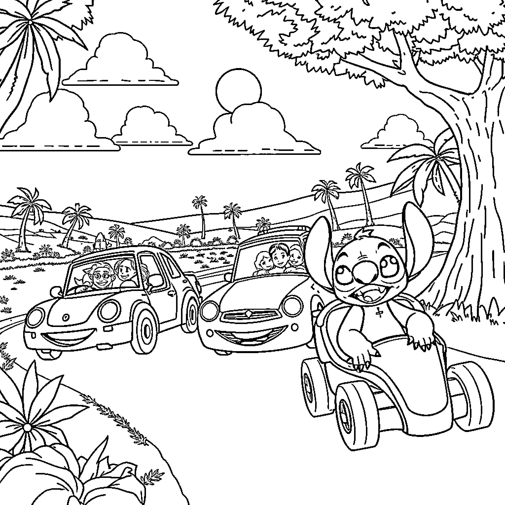 Car Cartoon Characters Adventure on the Beach Coloring Page (free black-and-white line drawing printable PDF for all, from beginners to advanced learners, including children, teens, adults, and seniors)