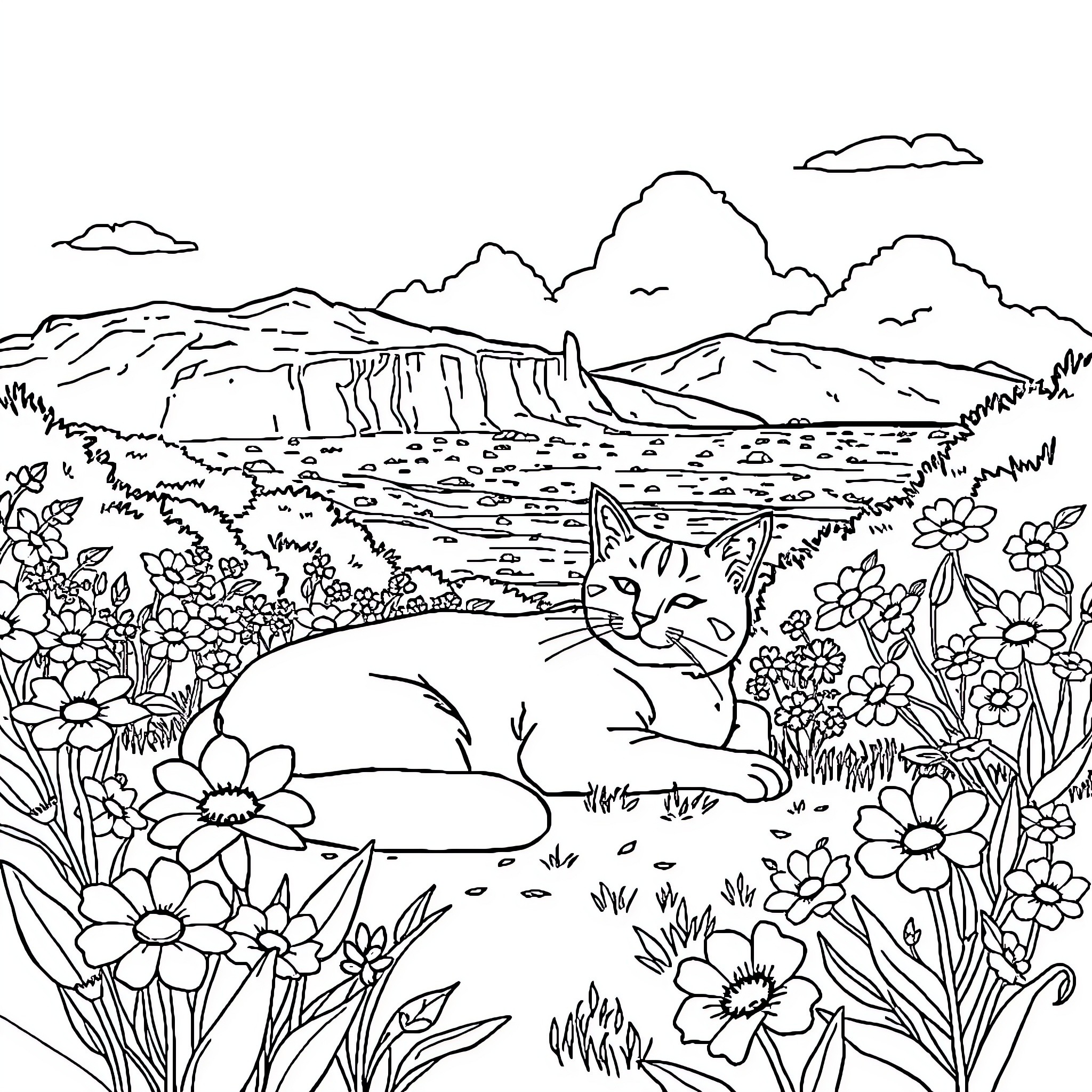 Cat resting peacefully in a floral meadow Coloring Page (free black-and-white line drawing printable PDF for all, from beginners to advanced learners, including children, teens, adults, and seniors)
