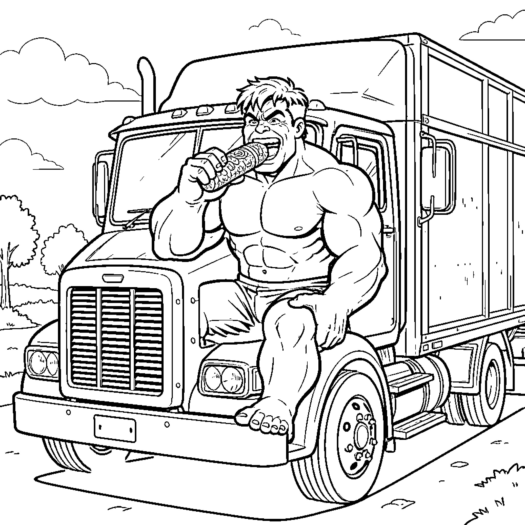 Hulk operating a powerful truck on the road Coloring Page (free black-and-white line drawing printable PDF for all, from beginners to advanced learners, including children, teens, adults, and seniors)