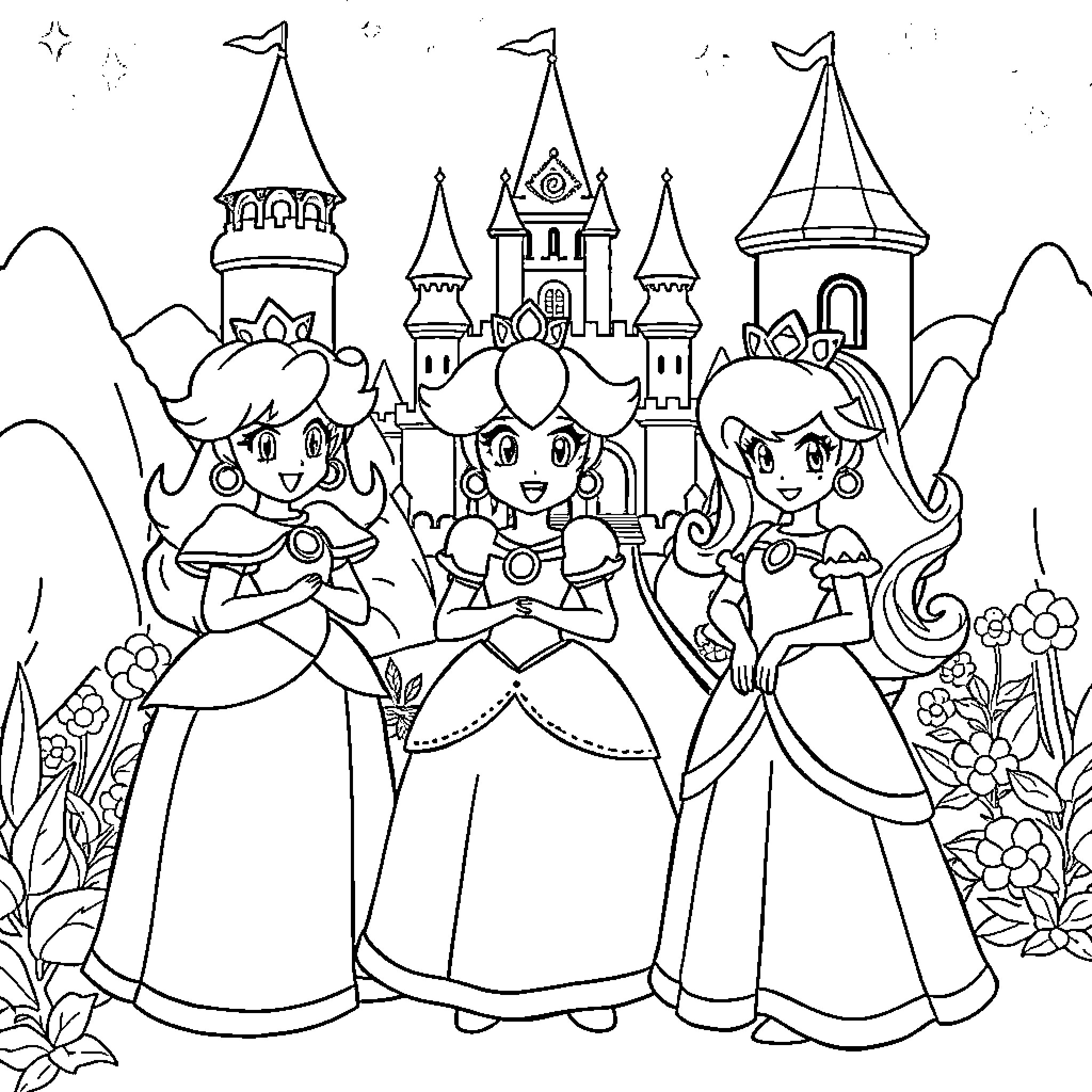 Princess Trio at the Fantasy Castle Coloring Page (free black-and-white line drawing printable PDF for all, from beginners to advanced learners, including children, teens, adults, and seniors)
