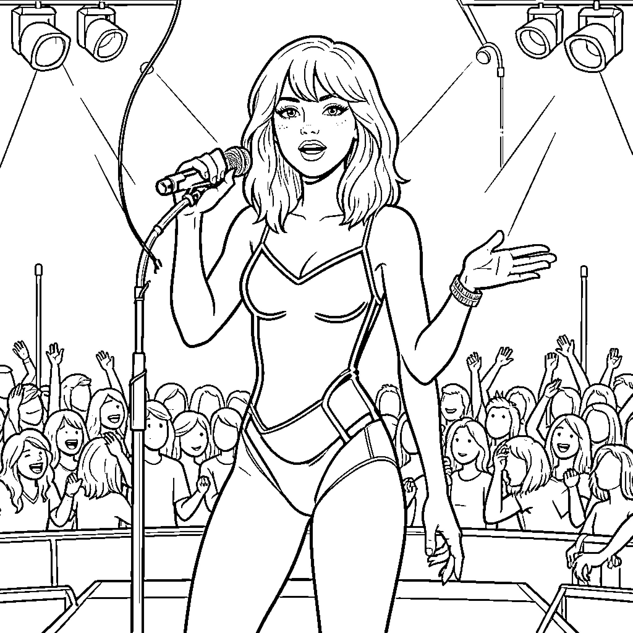 Taylor Swift performing on stage with a microphone Coloring Page (free black-and-white line drawing printable PDF for all, from beginners to advanced learners, including children, teens, adults, and seniors)