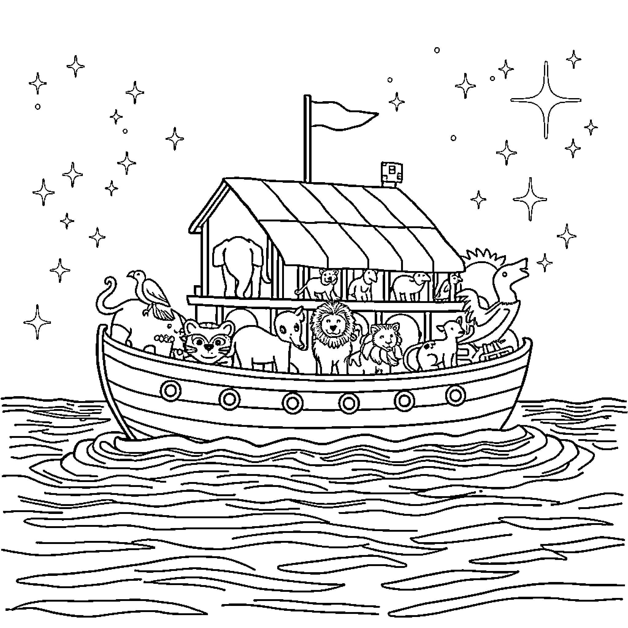 Noah's Ark sailing with diverse animals onboard Coloring Page (free black-and-white line drawing printable PDF for all, from beginners to advanced learners, including children, teens, adults, and seniors)