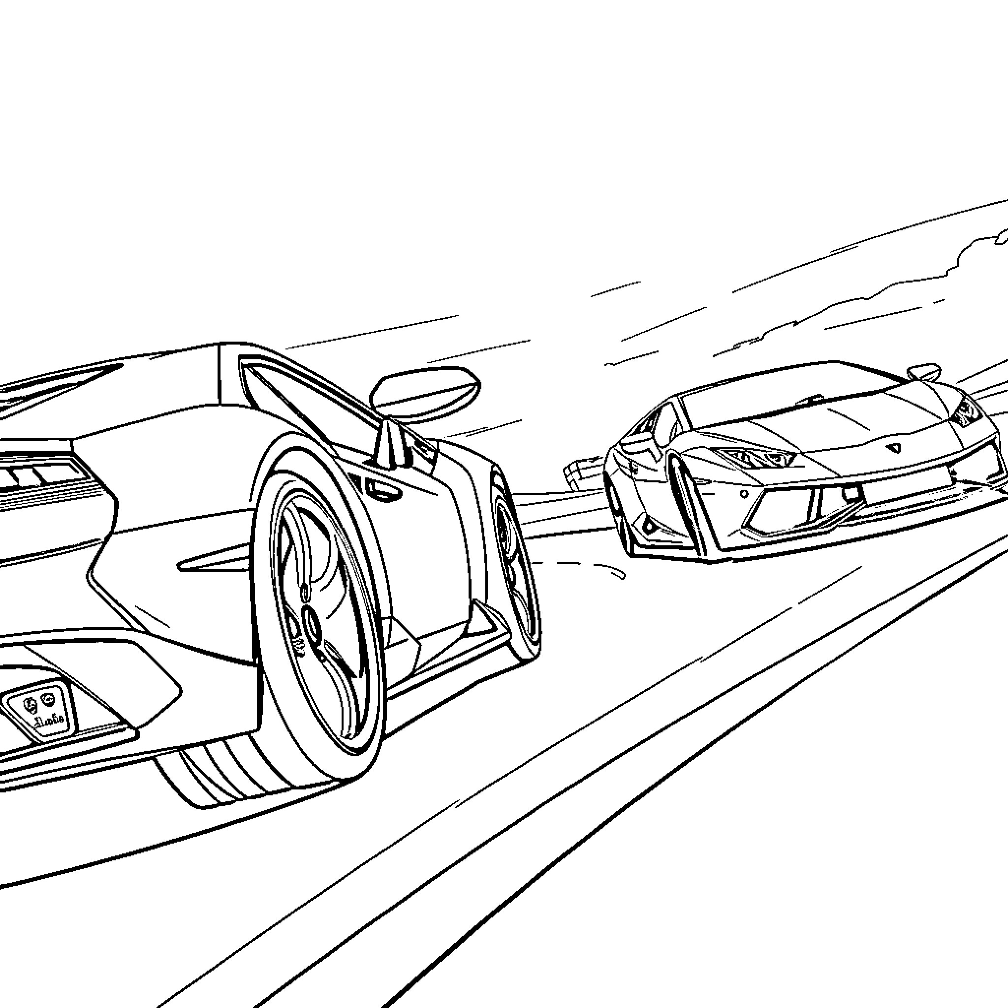 Lamborghini sports cars speeding on the highway Coloring Page (free black-and-white line drawing printable PDF for all, from beginners to advanced learners, including children, teens, adults, and seniors)