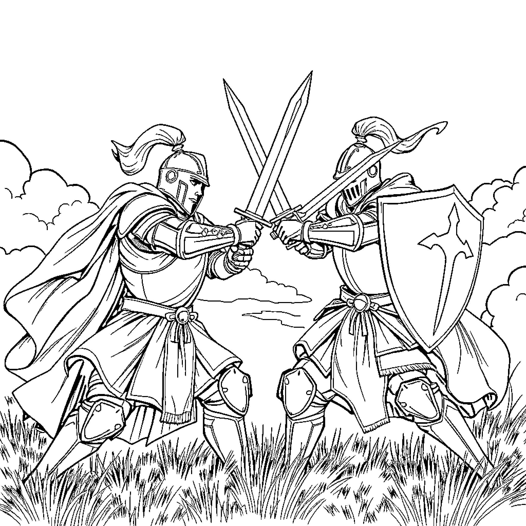 Knight Dueling with Swords in Armored Clash Coloring Page (free black-and-white line drawing printable PDF for all, from beginners to advanced learners, including children, teens, adults, and seniors)