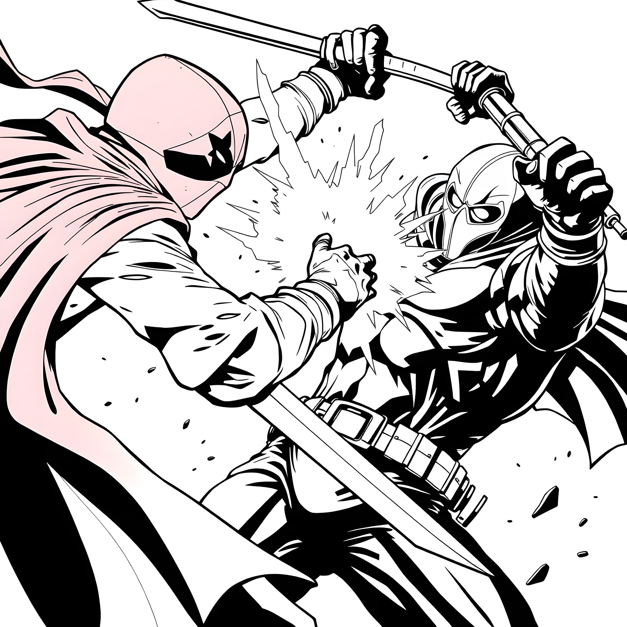 Red Hood's Clash of Blades Coloring Page (free black-and-white line drawing printable PDF for all, from beginners to advanced learners, including children, teens, adults, and seniors)
