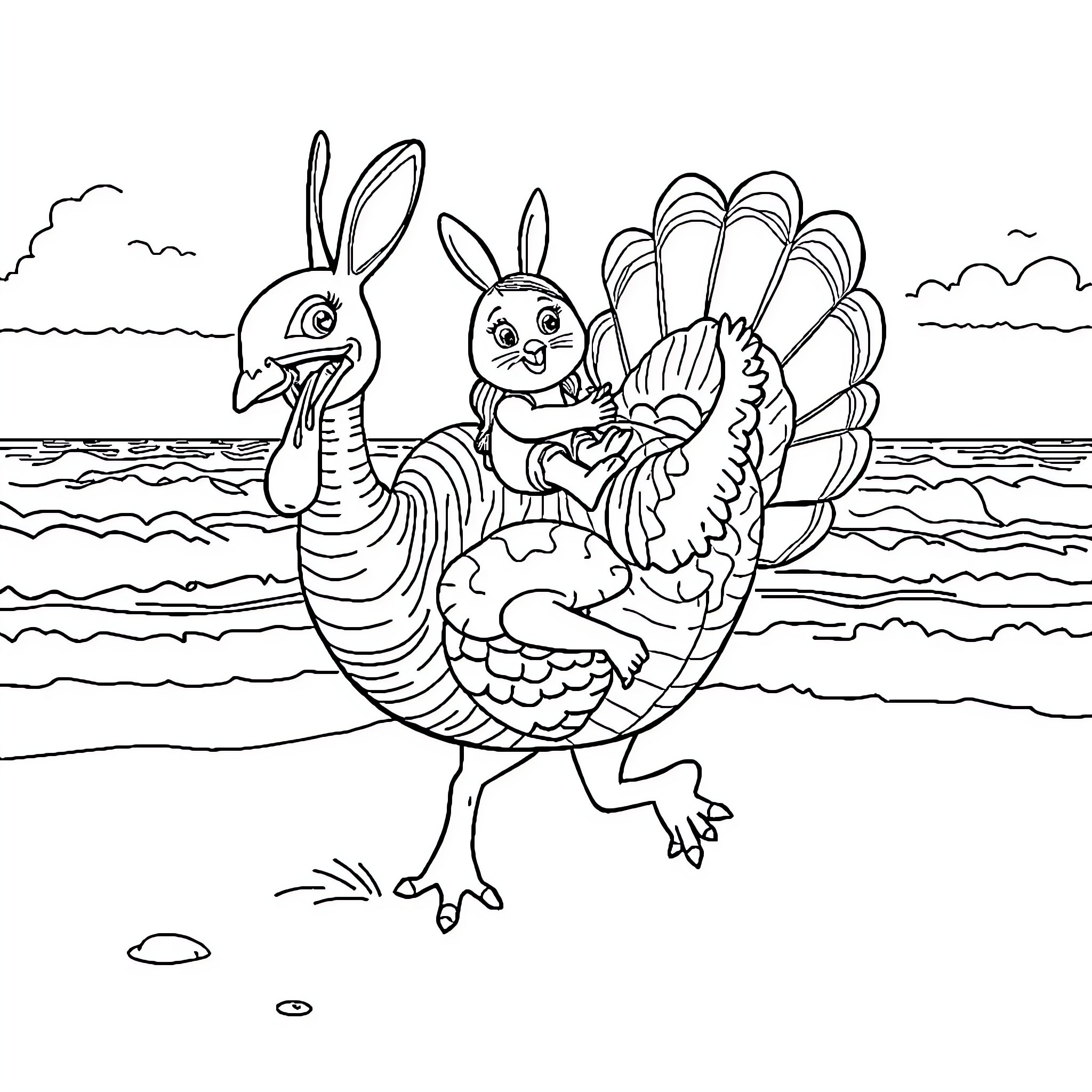 Bunny friends on a playful turkey adventure Coloring Page (free black-and-white line drawing printable PDF for all, from beginners to advanced learners, including children, teens, adults, and seniors)