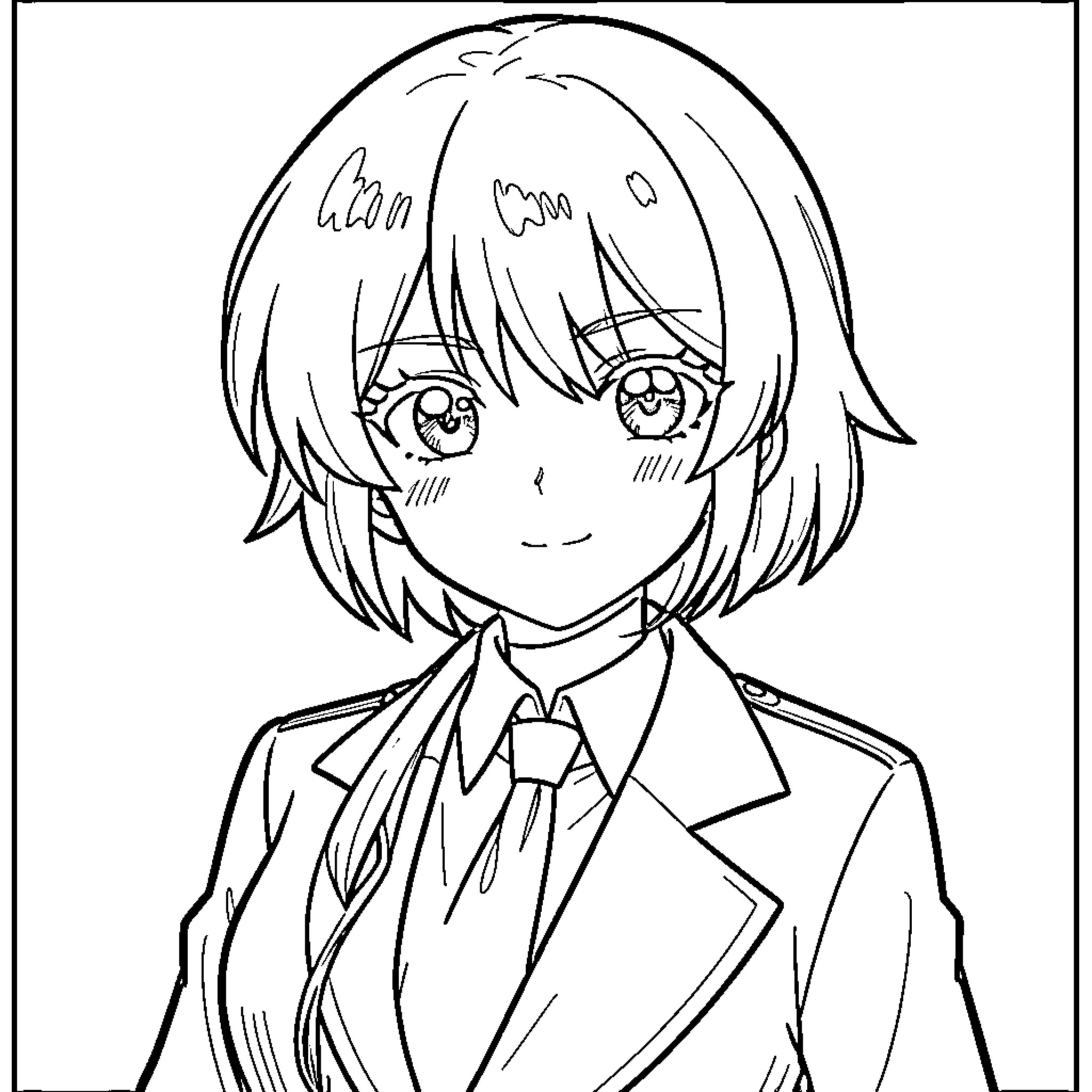 Anime Character Smiling in School Uniform Coloring Page (free black-and-white line drawing printable PDF for all, from beginners to advanced learners, including children, teens, adults, and seniors)