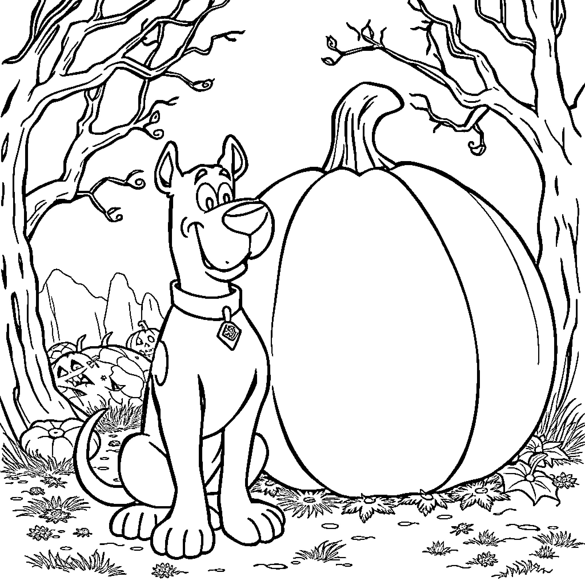 Scooby Doo and friends exploring a spooky pumpkin patch Coloring Page (free black-and-white line drawing printable PDF for all, from beginners to advanced learners, including children, teens, adults, and seniors)