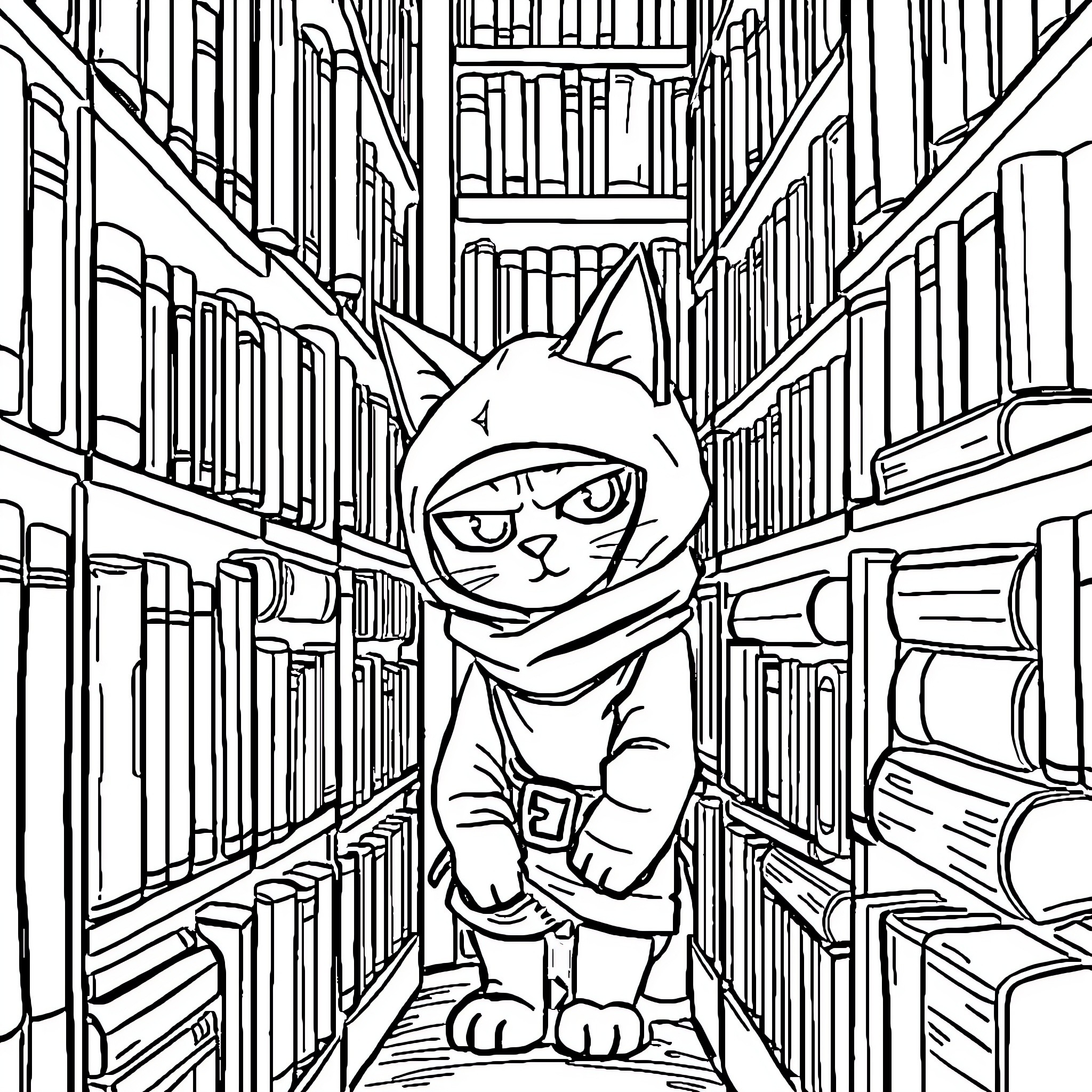 Ninja Cat exploring a mysterious library Coloring Page (free black-and-white line drawing printable PDF for all, from beginners to advanced learners, including children, teens, adults, and seniors)