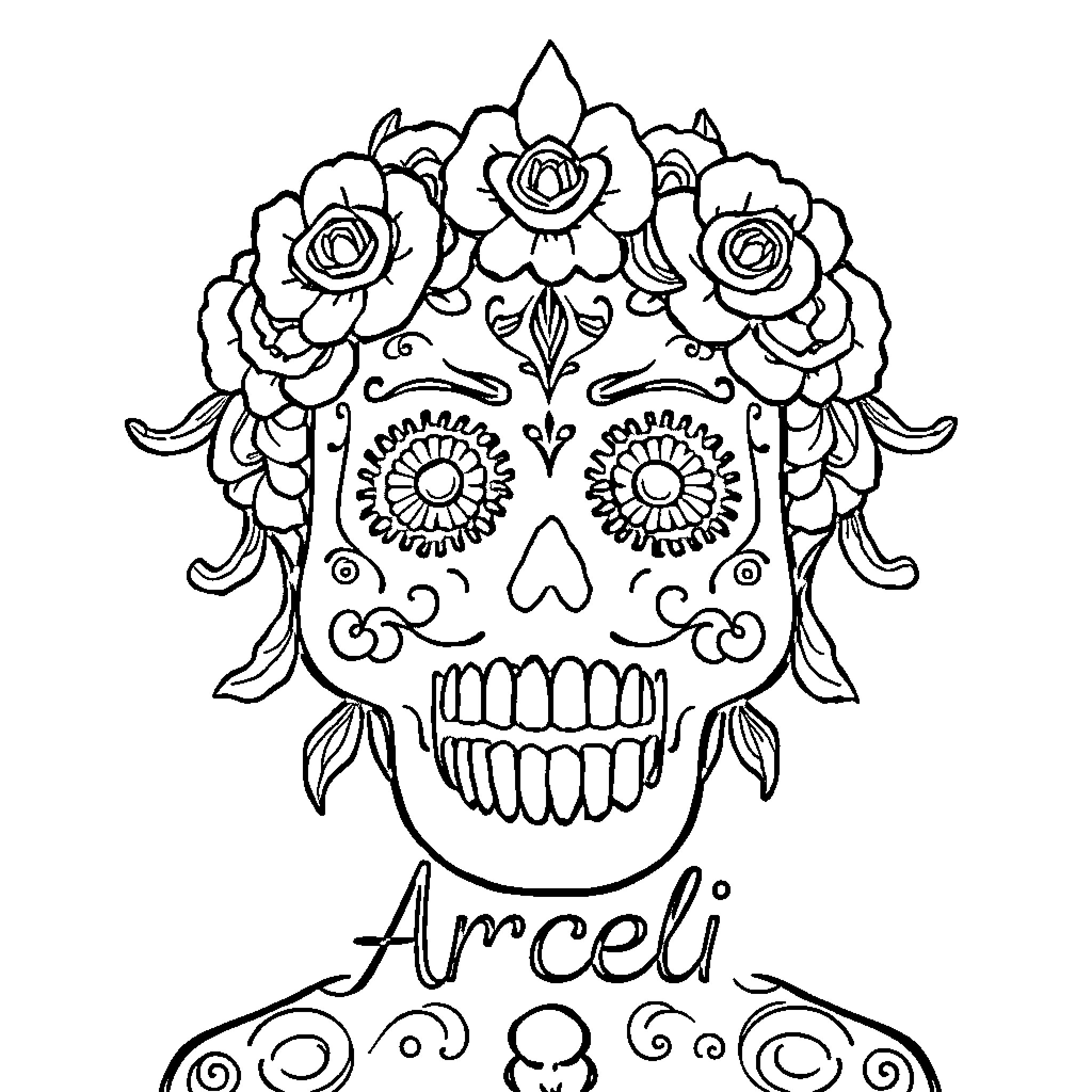 Papel Picado - Ornate Sugar Skull with Floral Headdress Coloring Page (free black-and-white line drawing printable PDF for all, from beginners to advanced learners, including children, teens, adults, and seniors)