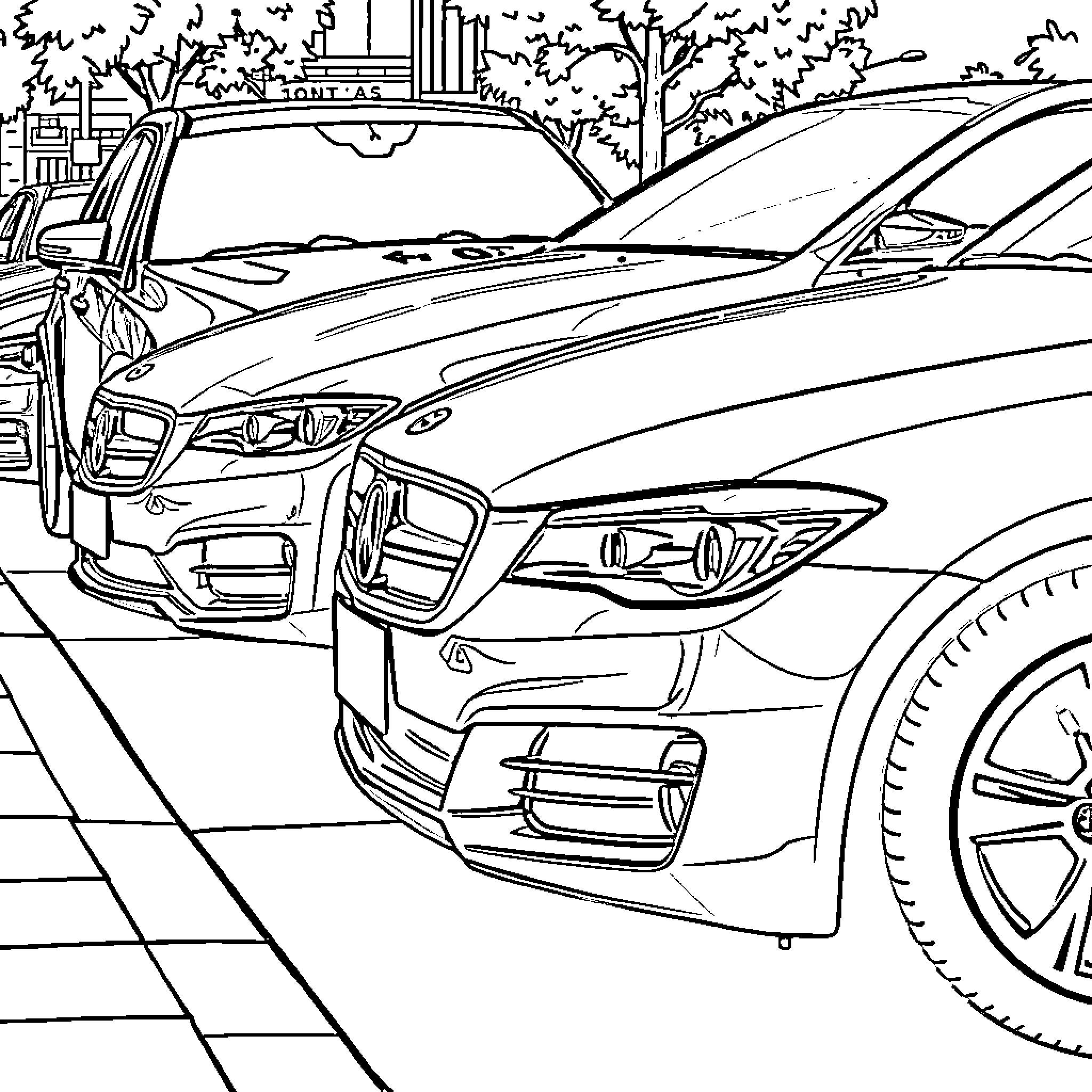 Auto Scene with Detailed Cars on the Road Coloring Page (free black-and-white line drawing printable PDF for all, from beginners to advanced learners, including children, teens, adults, and seniors)