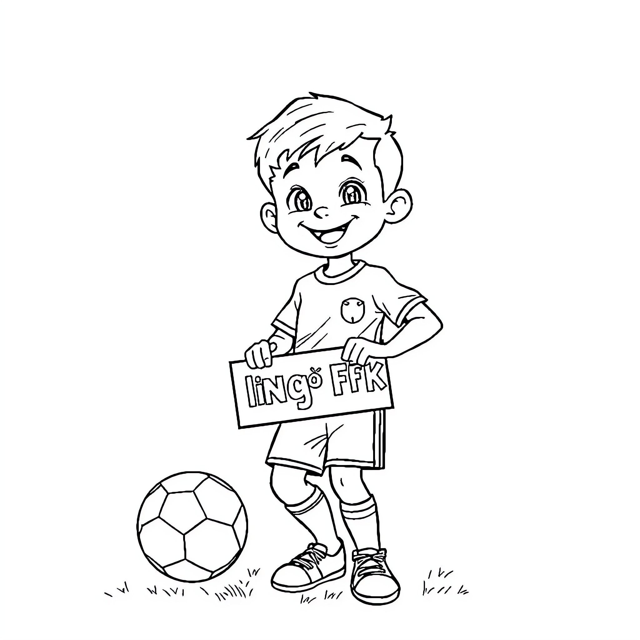 Child holding a sign with a soccer ball Coloring Page (free black-and-white line drawing printable PDF for all, from beginners to advanced learners, including children, teens, adults, and seniors)