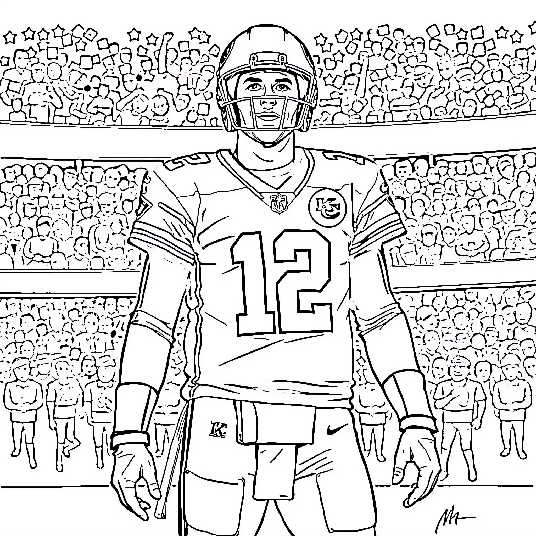 Tom Brady Celebrating on the Football Field Coloring Page (free black-and-white line drawing printable PDF for all, from beginners to advanced learners, including children, teens, adults, and seniors)