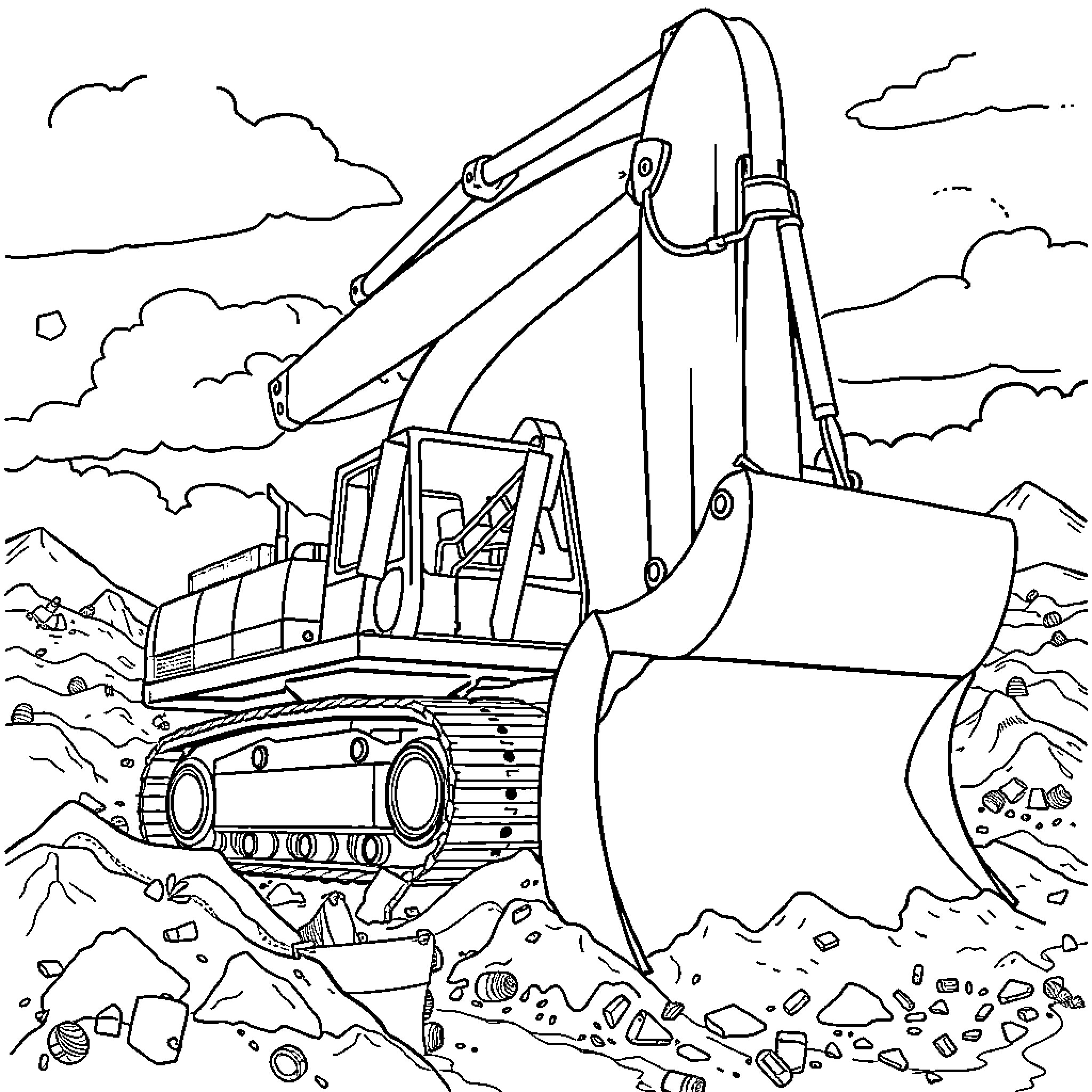 Excavator digging in rocky terrain Coloring Page (free black-and-white line drawing printable PDF for all, from beginners to advanced learners, including children, teens, adults, and seniors)