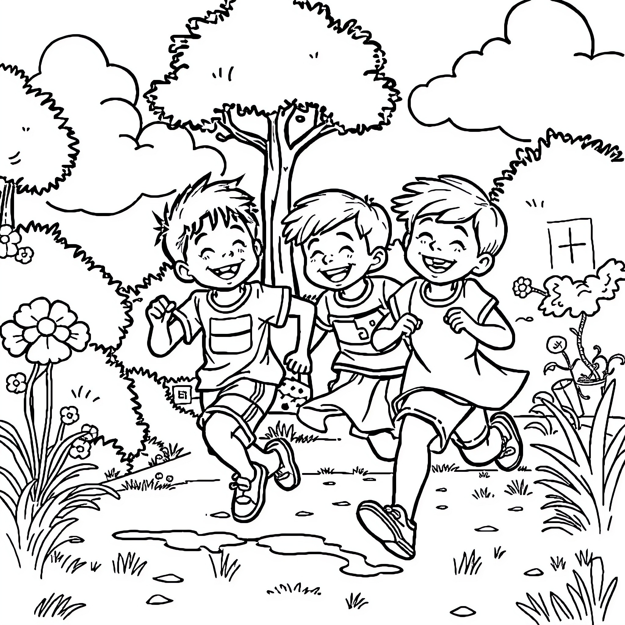Kid friends exploring nature happily together Coloring Page (free black-and-white line drawing printable PDF for all, from beginners to advanced learners, including children, teens, adults, and seniors)