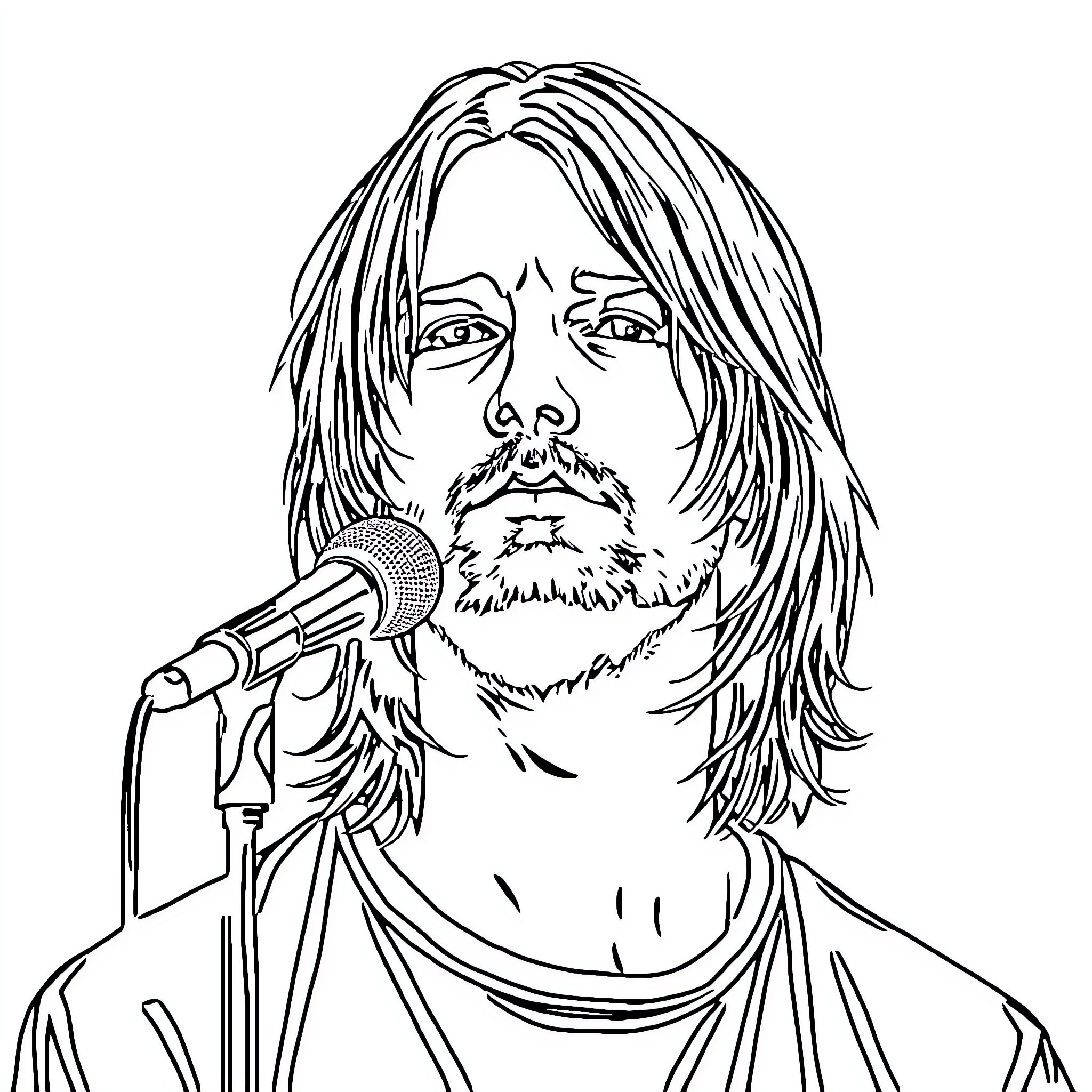 Kurt Cobain Performing on Stage with Microphone Coloring Page (free black-and-white line drawing printable PDF for all, from beginners to advanced learners, including children, teens, adults, and seniors)