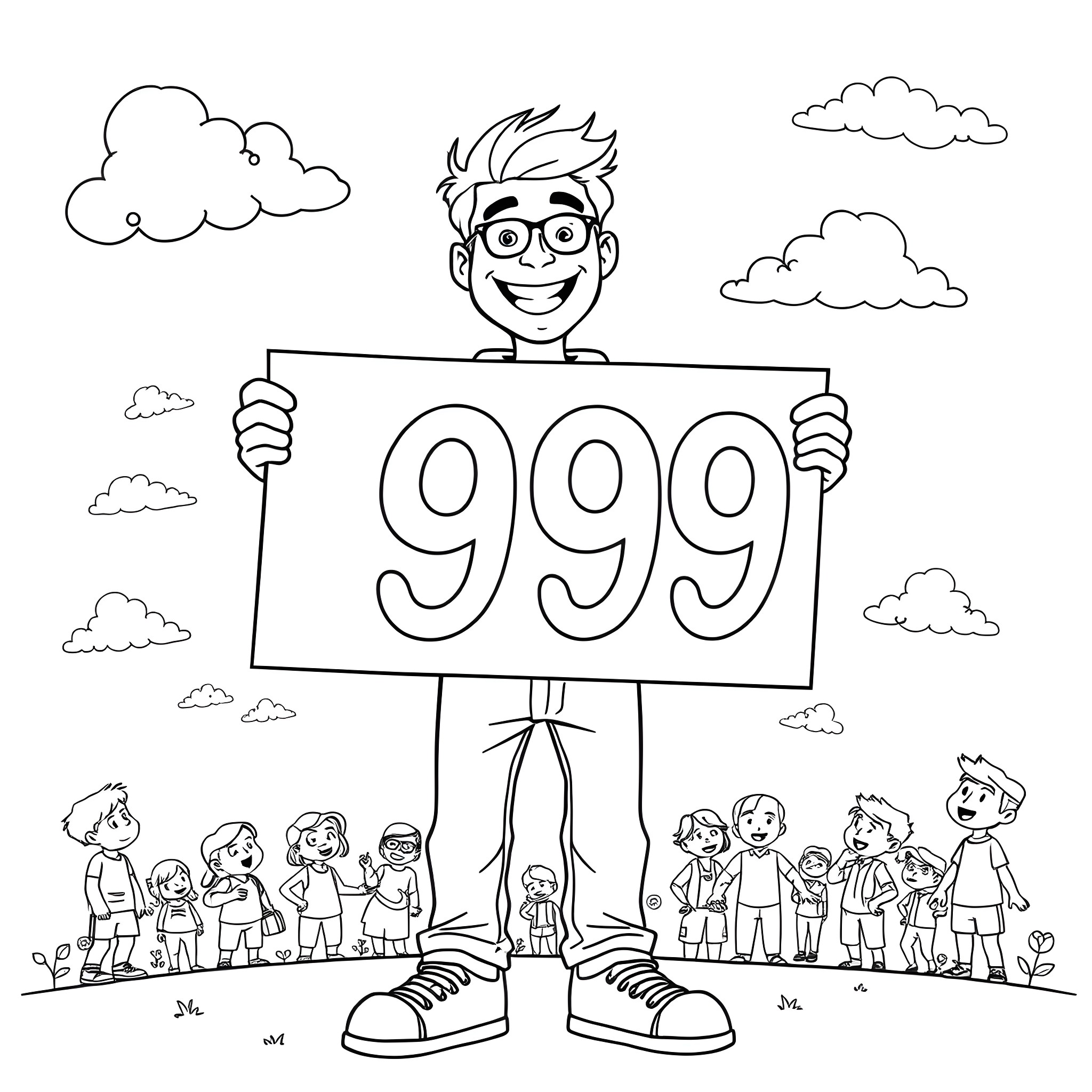 Guy holding a '999' sign with cheerful crowd Coloring Page (free black-and-white line drawing printable PDF for all, from beginners to advanced learners, including children, teens, adults, and seniors)
