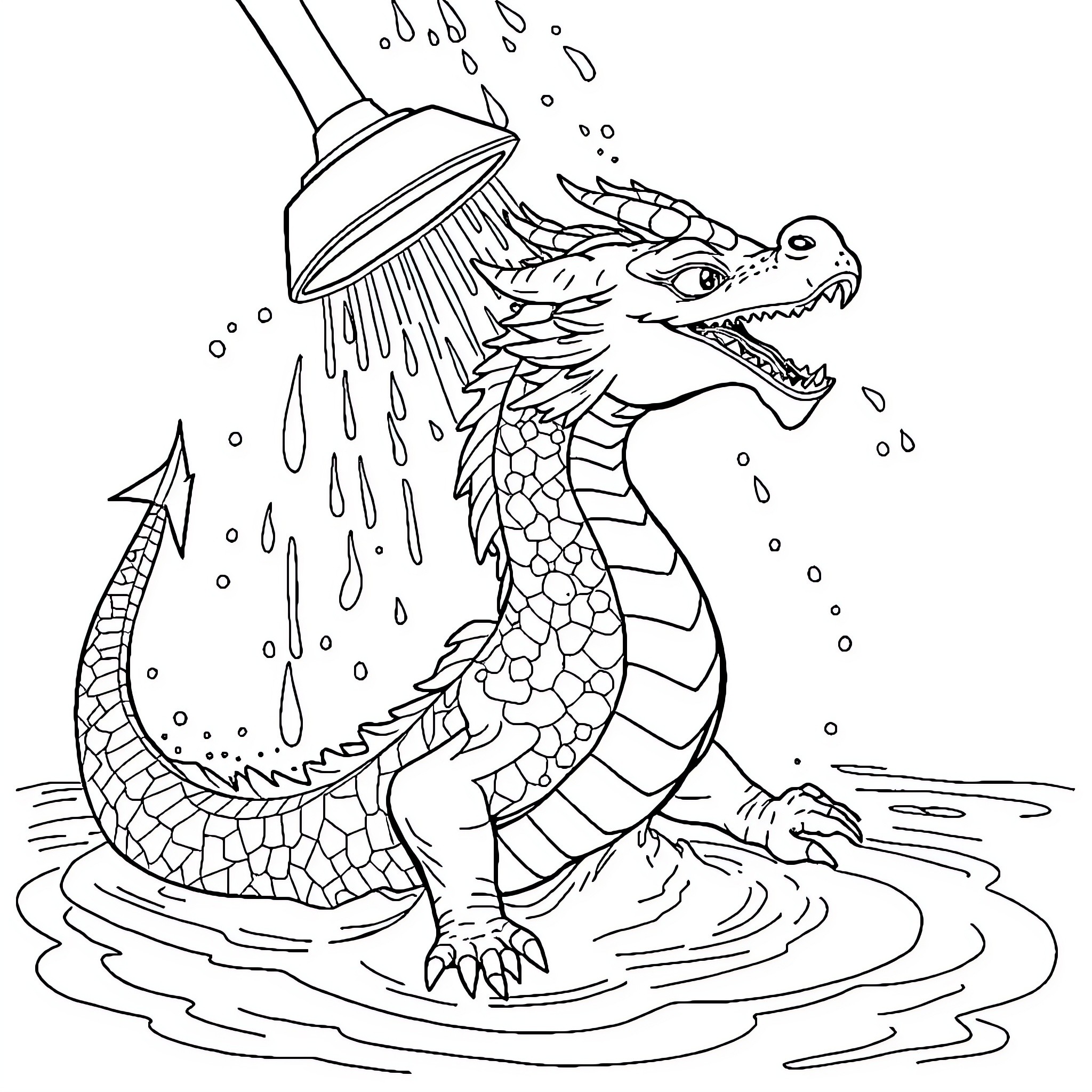 Dragon Unicorn taking a shower in the rain Coloring Page (free black-and-white line drawing printable PDF for all, from beginners to advanced learners, including children, teens, adults, and seniors)
