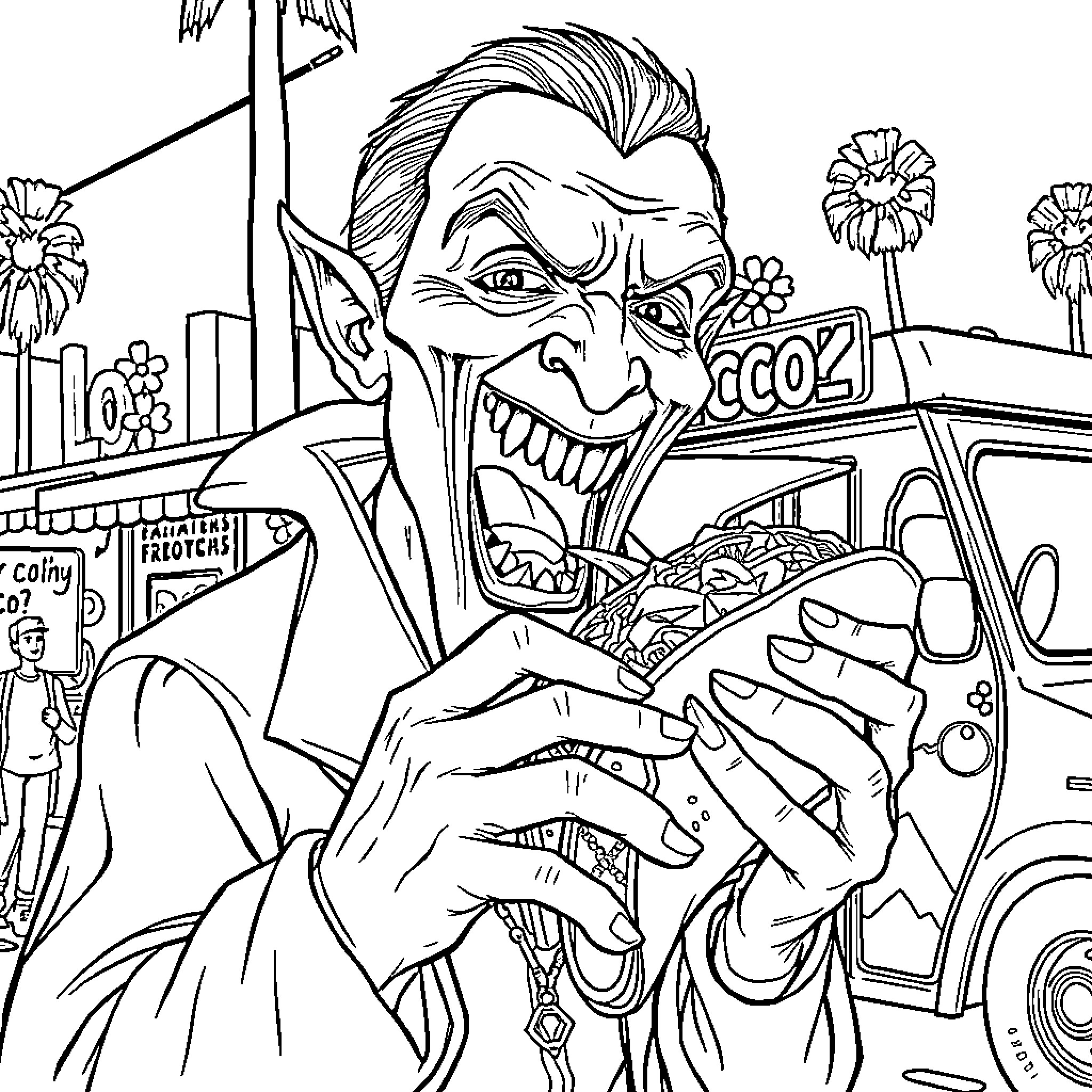 Vampire street vendor offering a sinister snack Coloring Page (free black-and-white line drawing printable PDF for all, from beginners to advanced learners, including children, teens, adults, and seniors)