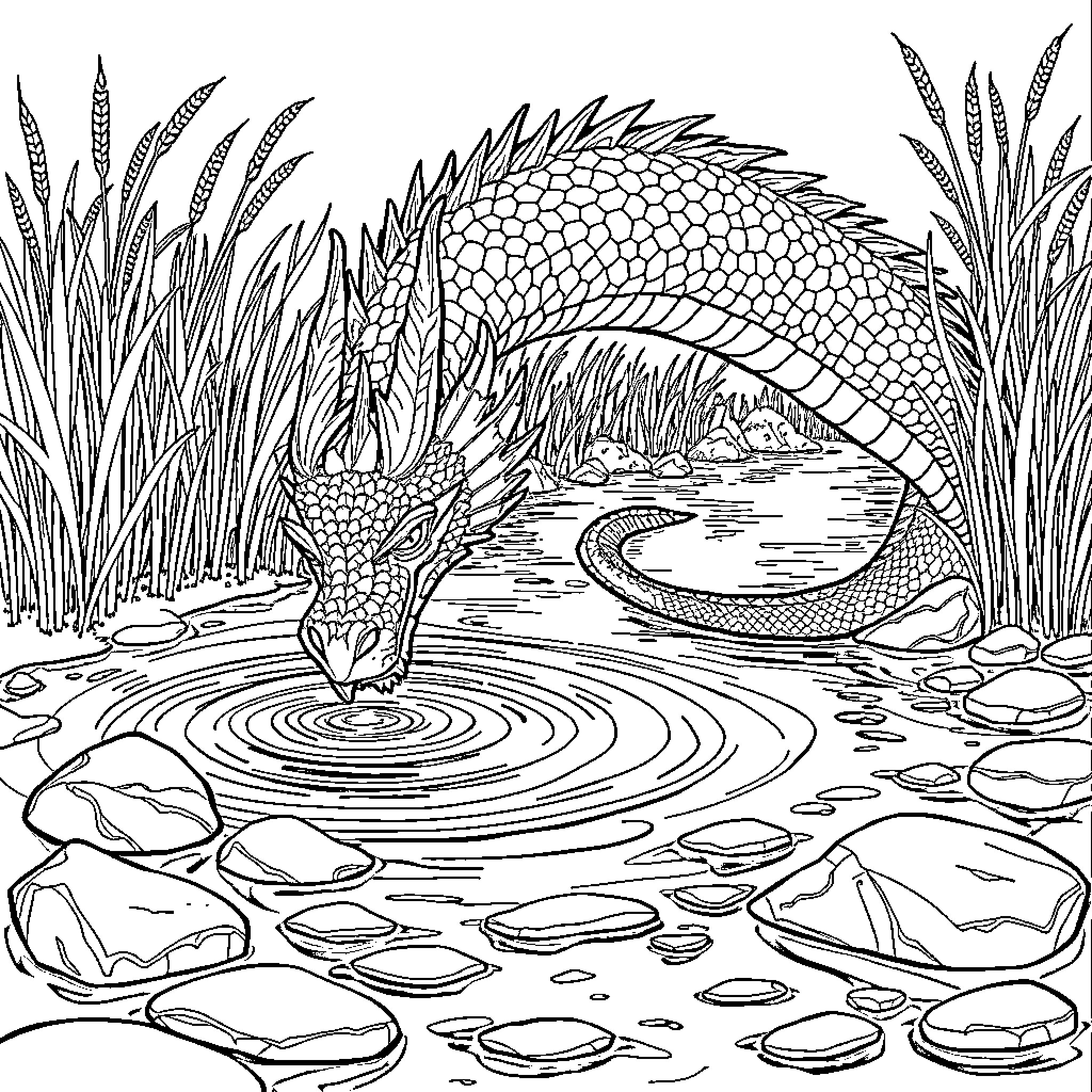 Dragon swimming in a pond with lush vegetation Coloring Page (free black-and-white line drawing printable PDF for all, from beginners to advanced learners, including children, teens, adults, and seniors)