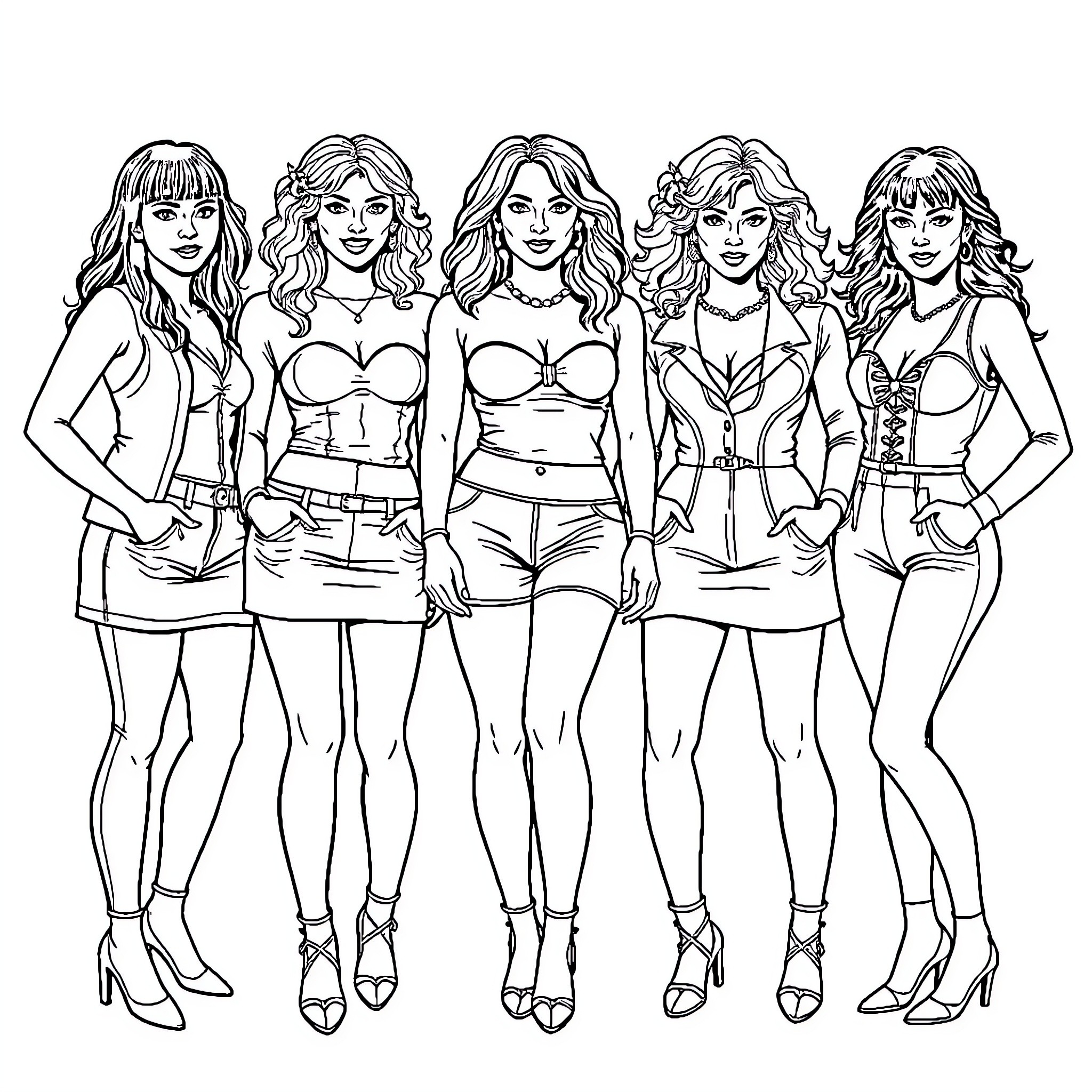 Spice Girls Posing in Fashionable Outfits Coloring Page (free black-and-white line drawing printable PDF for all, from beginners to advanced learners, including children, teens, adults, and seniors)
