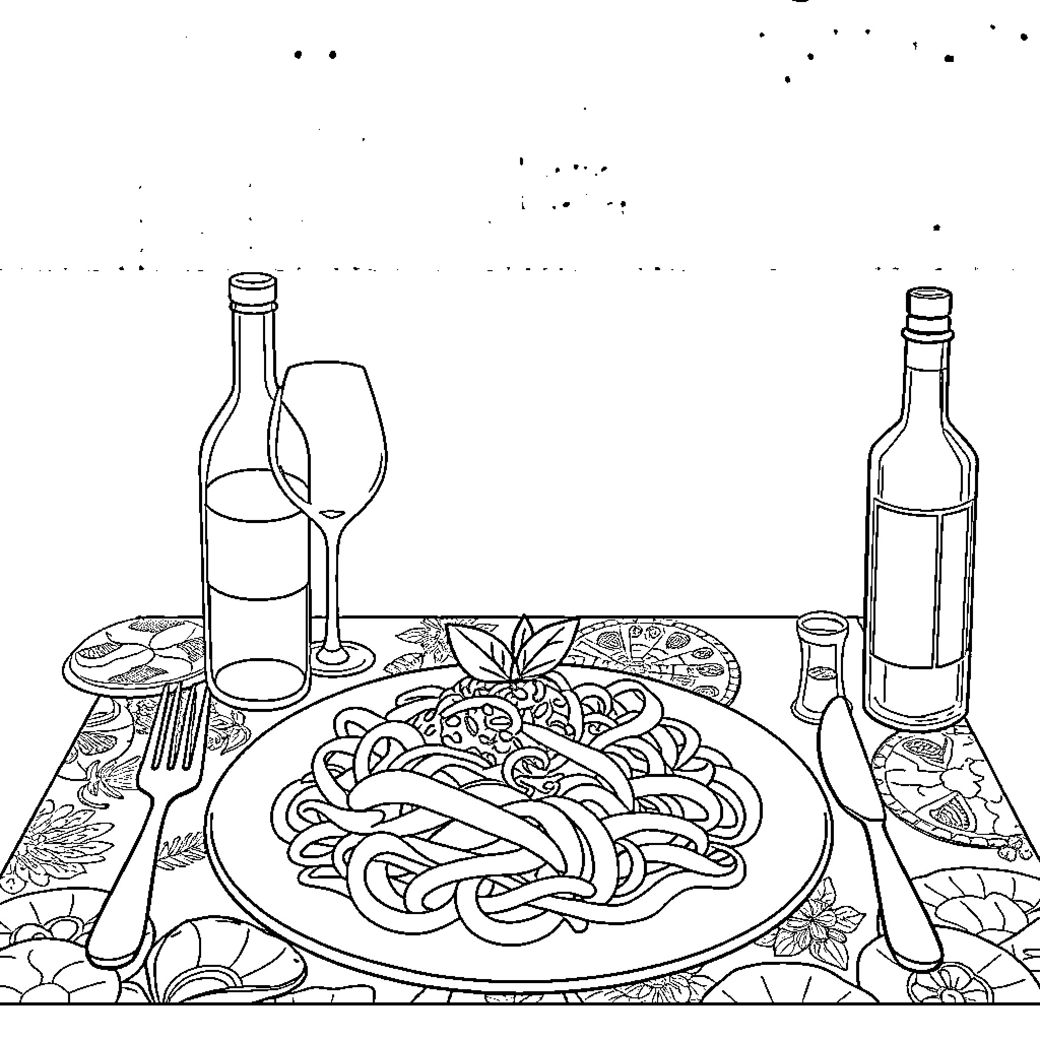 Restaurant scene with pasta, wine, and table setting Coloring Page (free black-and-white line drawing printable PDF for all, from beginners to advanced learners, including children, teens, adults, and seniors)