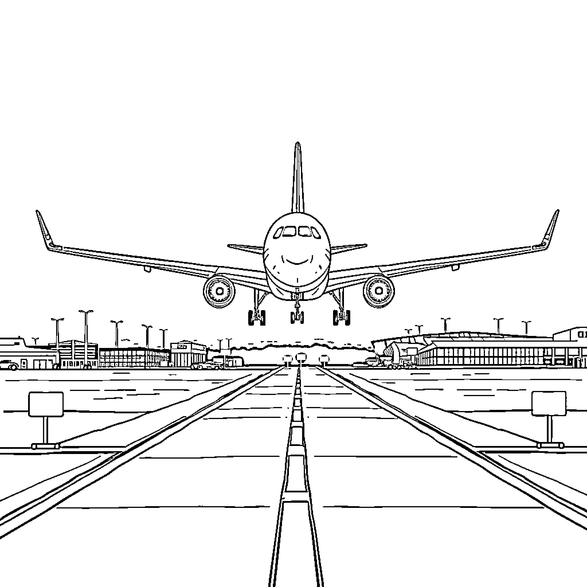 Airplane landing on runway at airport Coloring Page (free black-and-white line drawing printable PDF for all, from beginners to advanced learners, including children, teens, adults, and seniors)