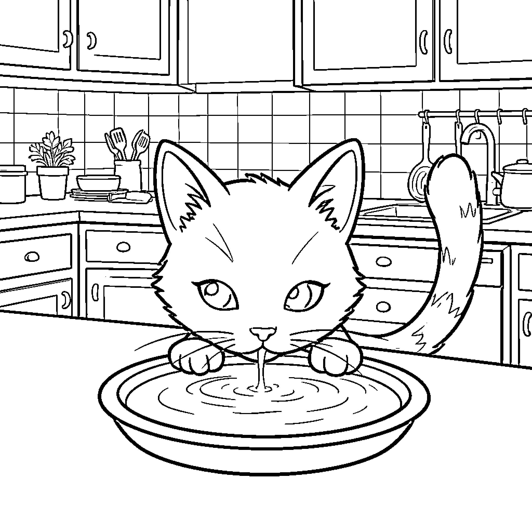 Cat drinking water in the kitchen Coloring Page (free black-and-white line drawing printable PDF for all, from beginners to advanced learners, including children, teens, adults, and seniors)