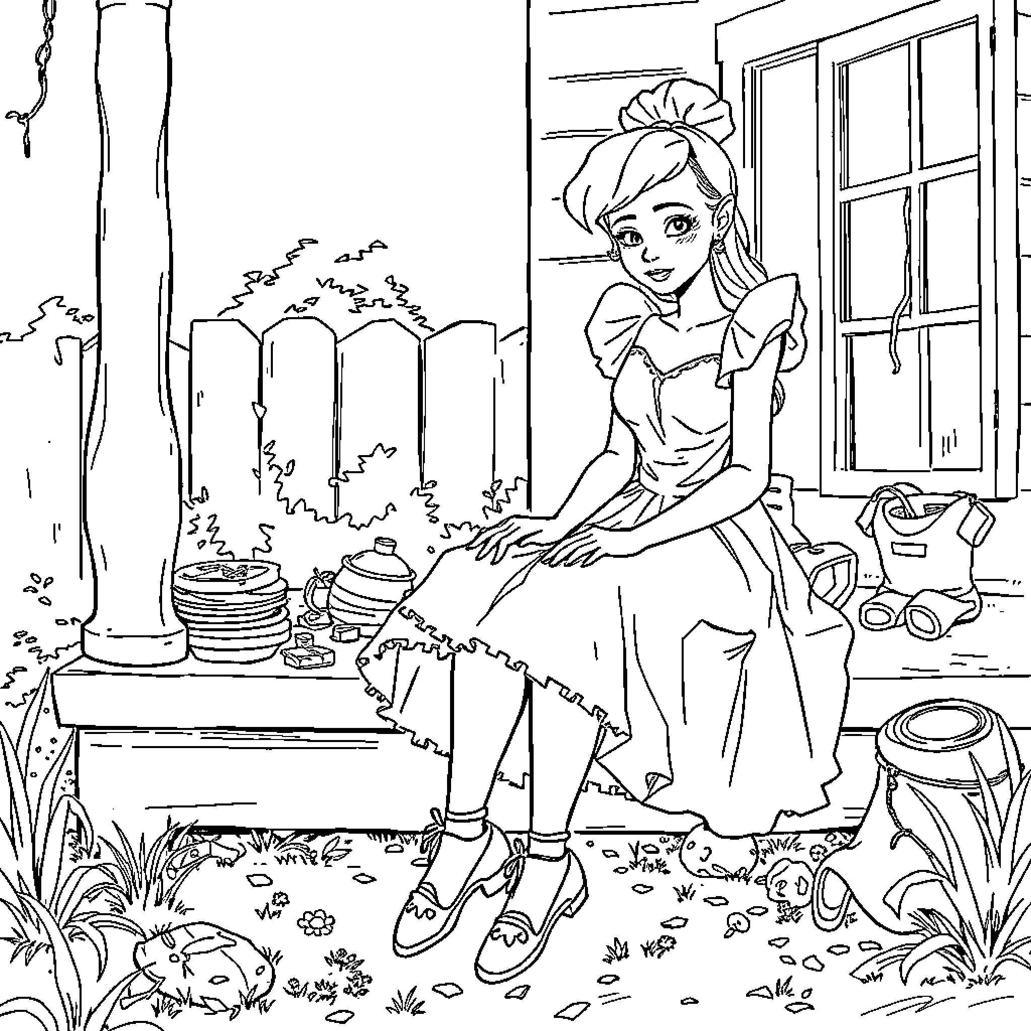 Cinderella Doing Chores in the Cottage Garden Coloring Page (free black-and-white line drawing printable PDF for all, from beginners to advanced learners, including children, teens, adults, and seniors)