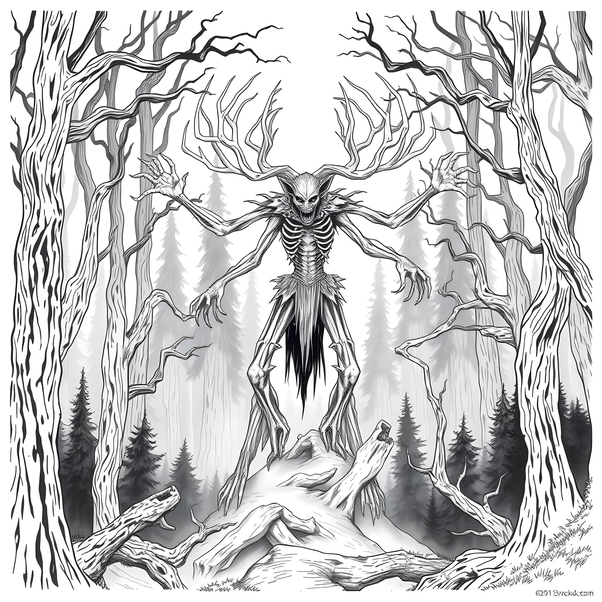 Wendigo emerging from the haunted forest Coloring Page (free black-and-white line drawing printable PDF for all, from beginners to advanced learners, including children, teens, adults, and seniors)