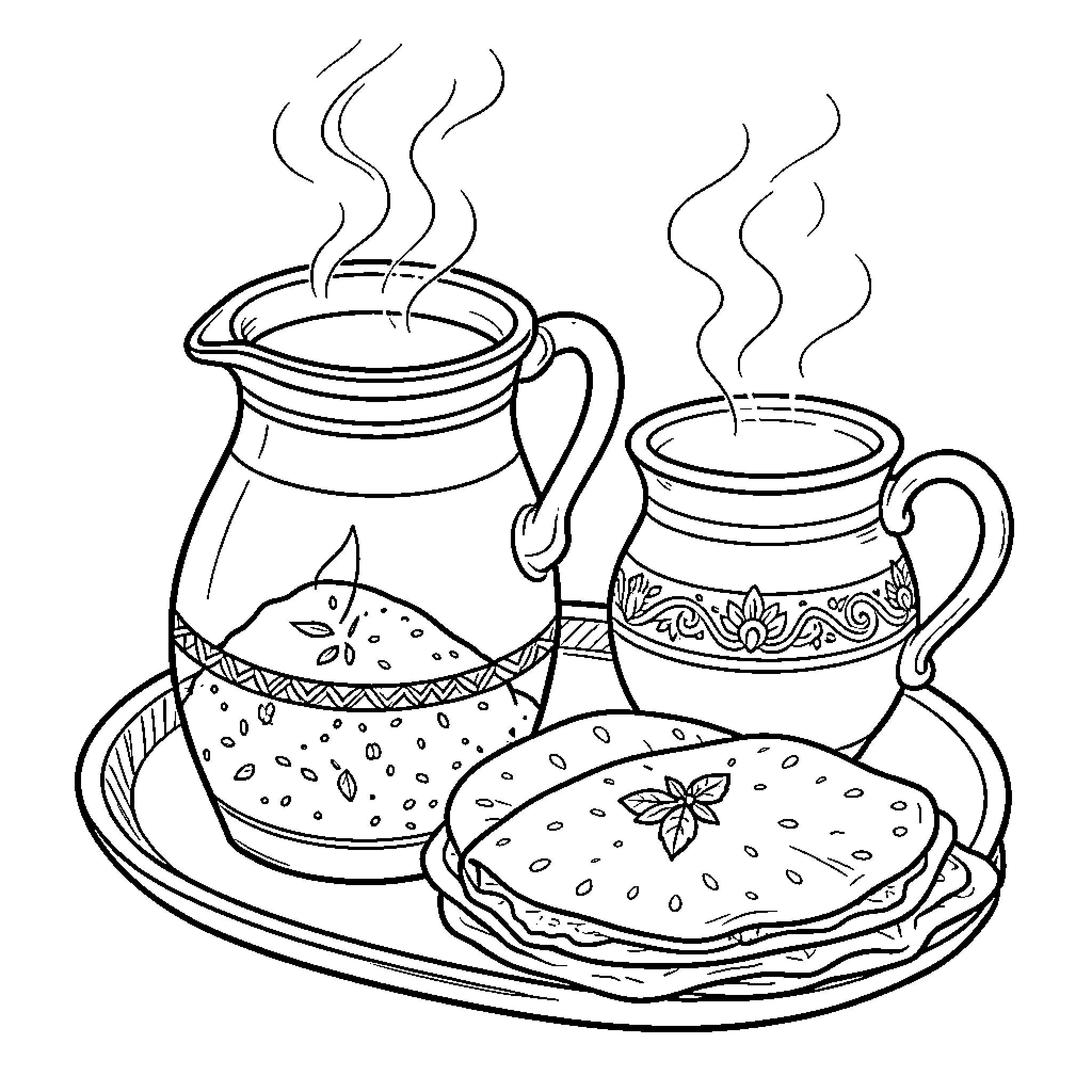 Mate serving steaming hot beverage and snacks on a tray Coloring Page (free black-and-white line drawing printable PDF for all, from beginners to advanced learners, including children, teens, adults, and seniors)