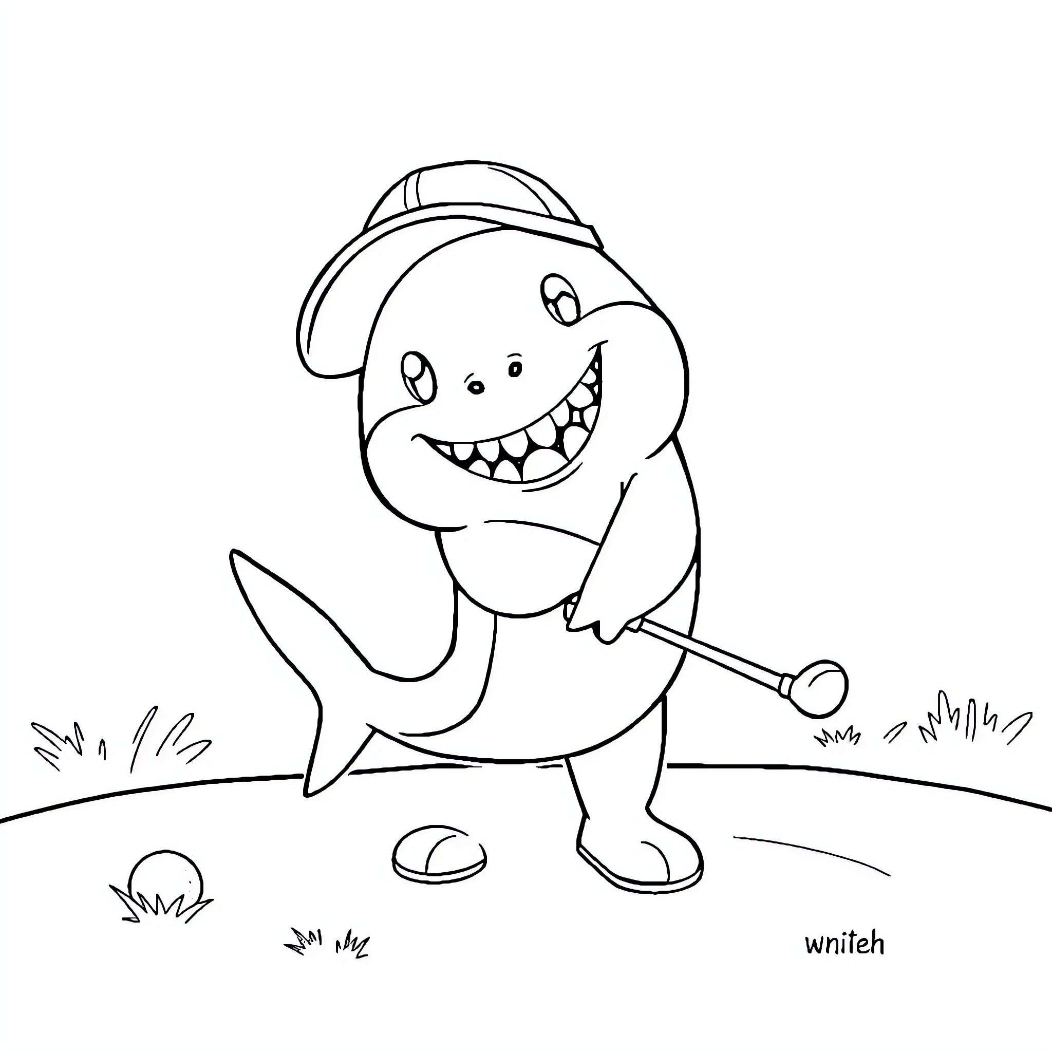 Baby Shark fishing happily in the park Coloring Page (free black-and-white line drawing printable PDF for all, from beginners to advanced learners, including children, teens, adults, and seniors)