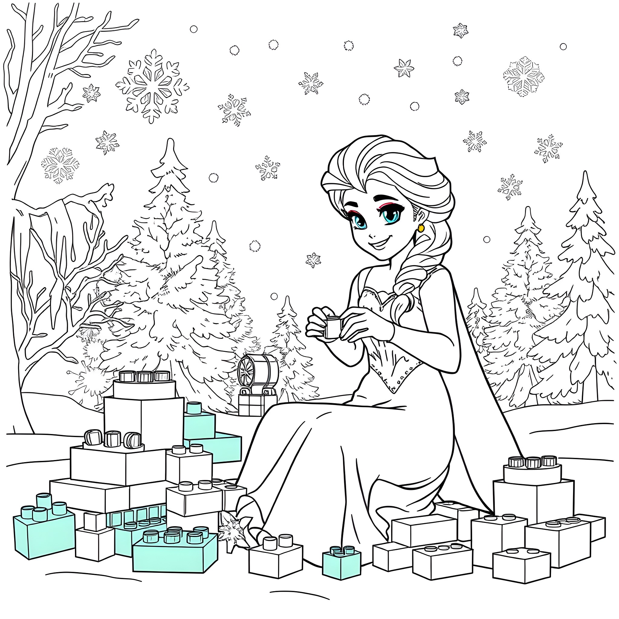 Elsa celebrates winter with gifts and snowflakes Coloring Page (free black-and-white line drawing printable PDF for all, from beginners to advanced learners, including children, teens, adults, and seniors)
