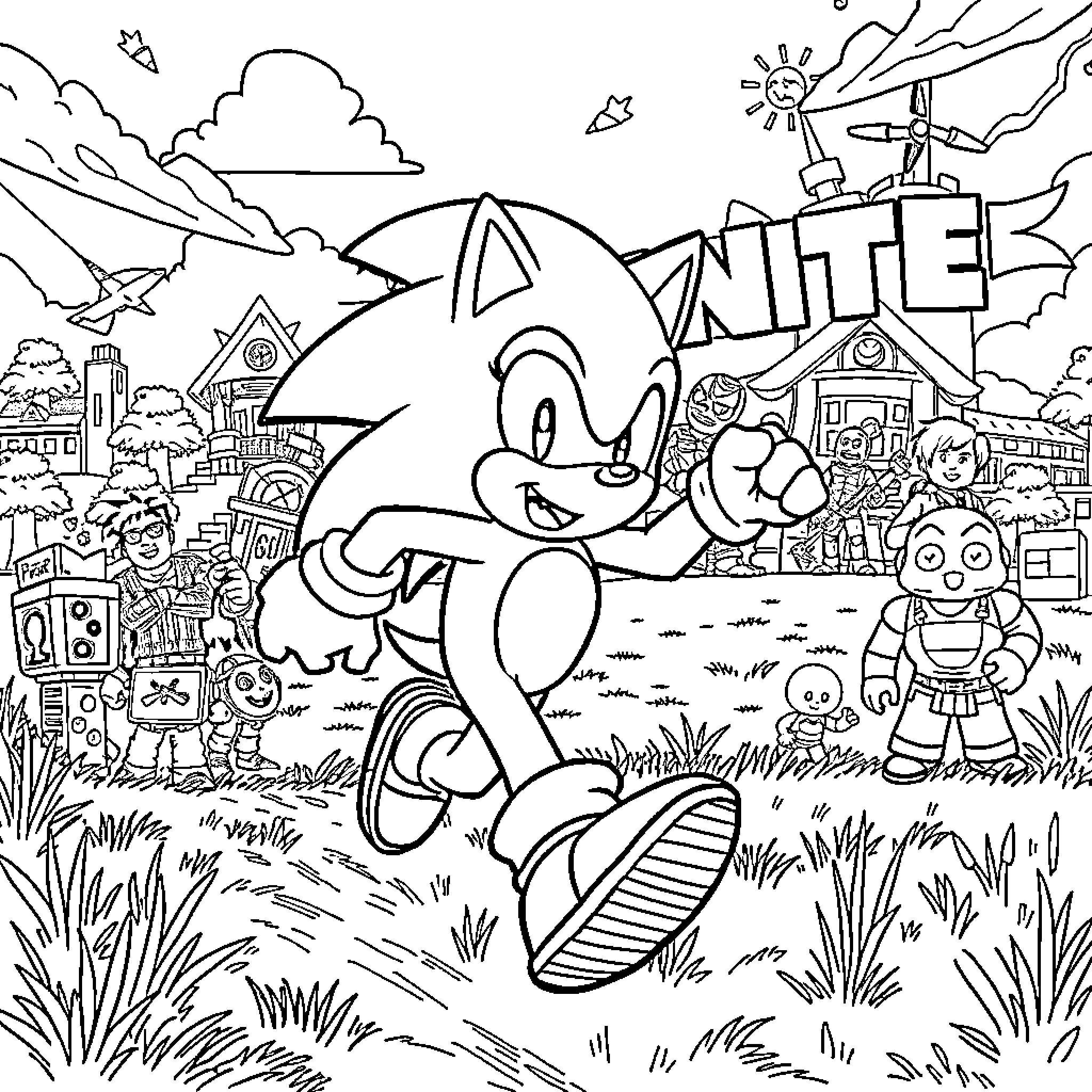 Sonic's Adventurous Day in the Colorful World Coloring Page (free black-and-white line drawing printable PDF for all, from beginners to advanced learners, including children, teens, adults, and seniors)