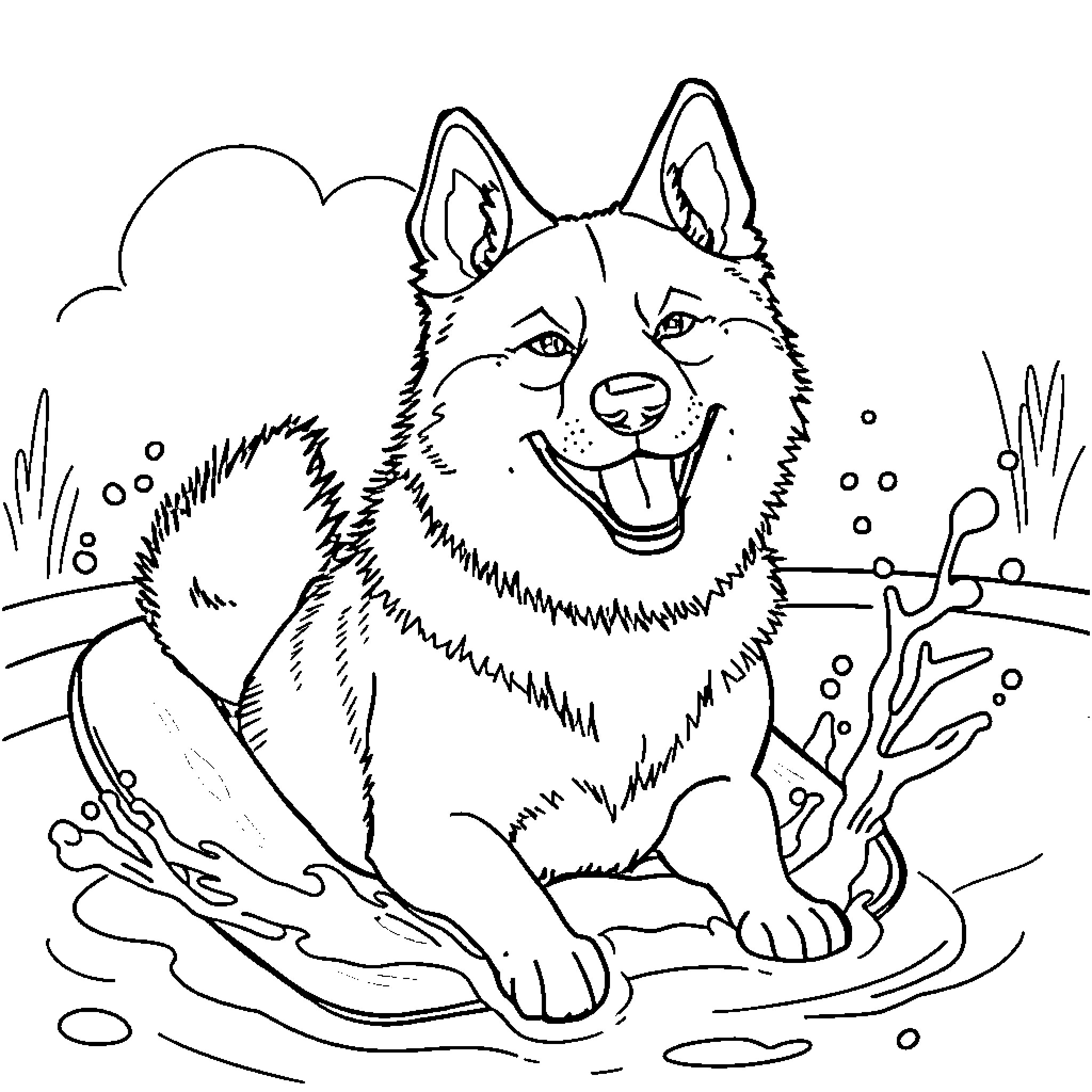 Akita dog enjoying a snowy day outdoors Coloring Page (free black-and-white line drawing printable PDF for all, from beginners to advanced learners, including children, teens, adults, and seniors)