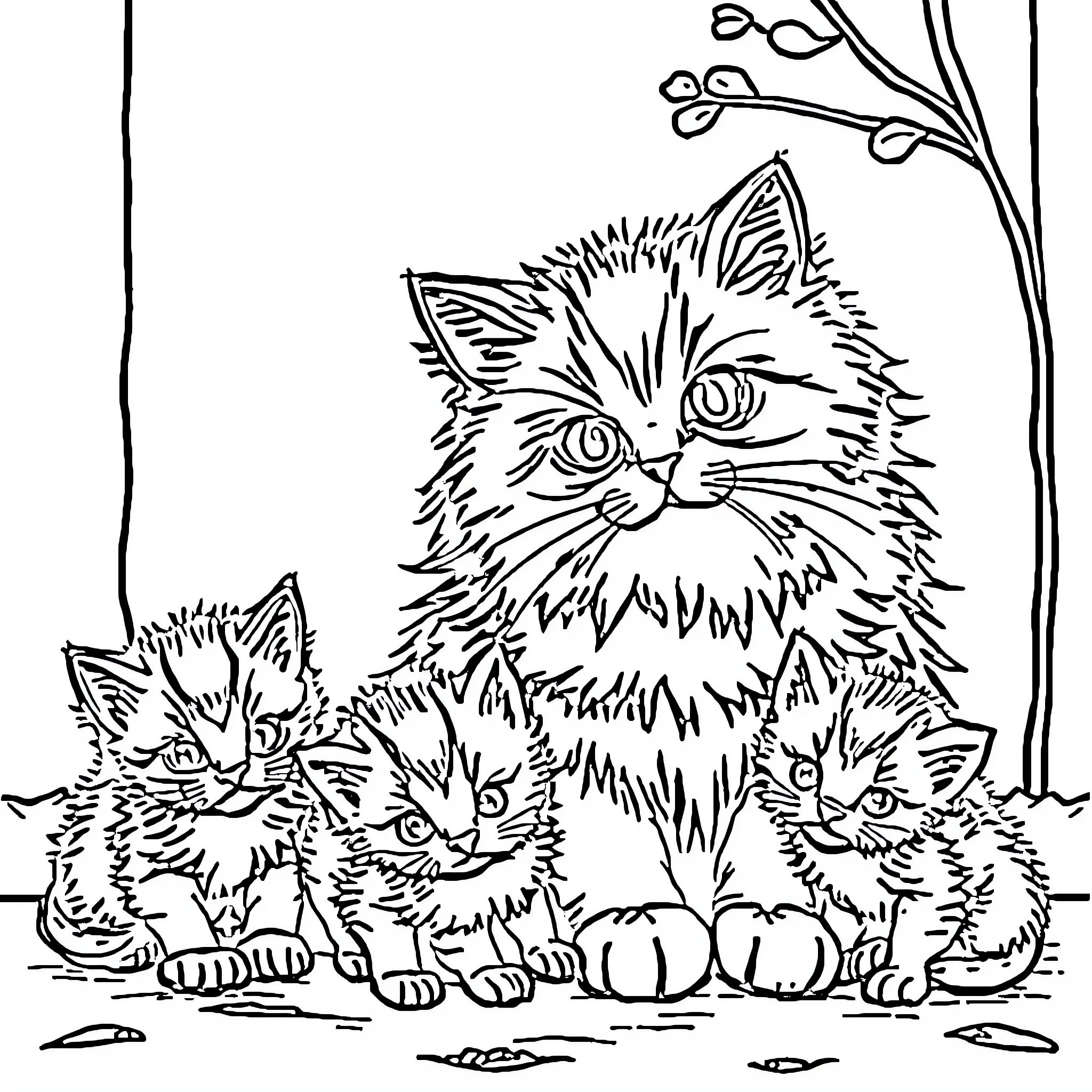 Cat family in the cozy corner Coloring Page (free black-and-white line drawing printable PDF for all, from beginners to advanced learners, including children, teens, adults, and seniors)