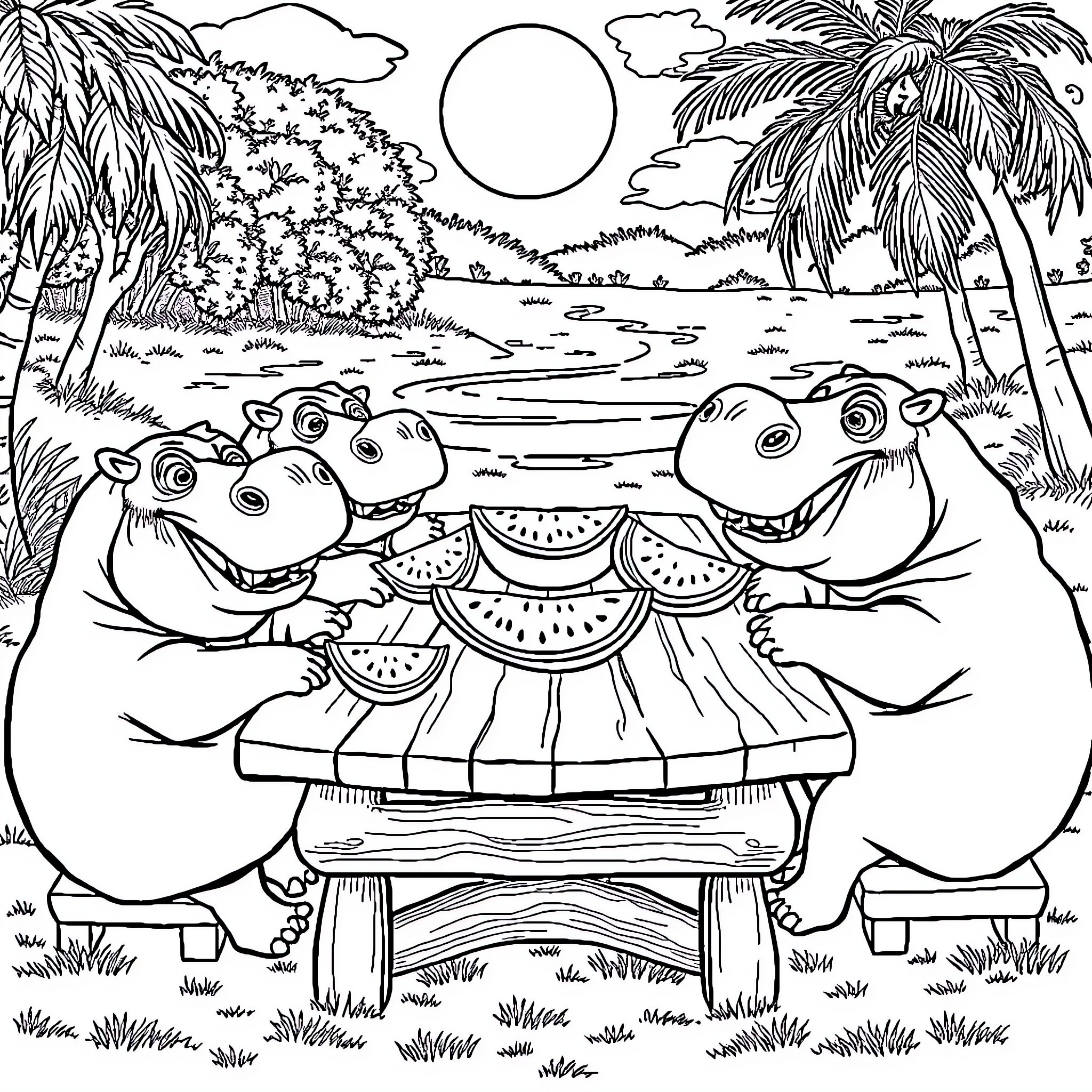 Hippo friends enjoying watermelon on a tropical beach Coloring Page (free black-and-white line drawing printable PDF for all, from beginners to advanced learners, including children, teens, adults, and seniors)