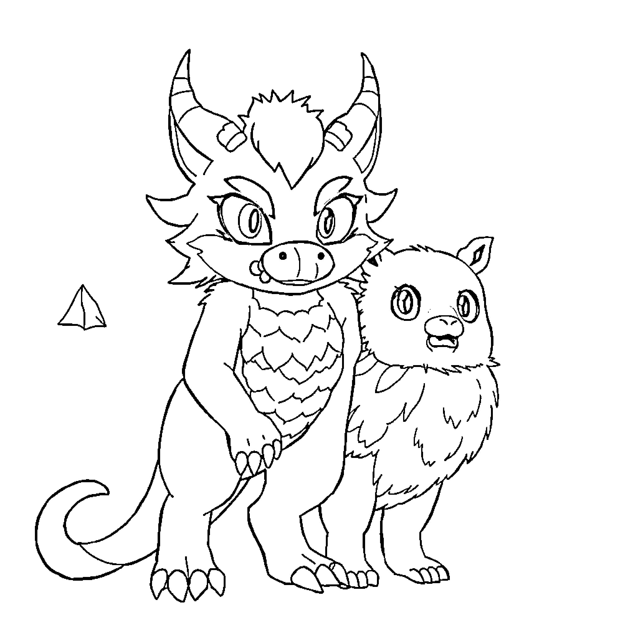 Nezuko enjoying time with her pet creature Coloring Page (free black-and-white line drawing printable PDF for all, from beginners to advanced learners, including children, teens, adults, and seniors)