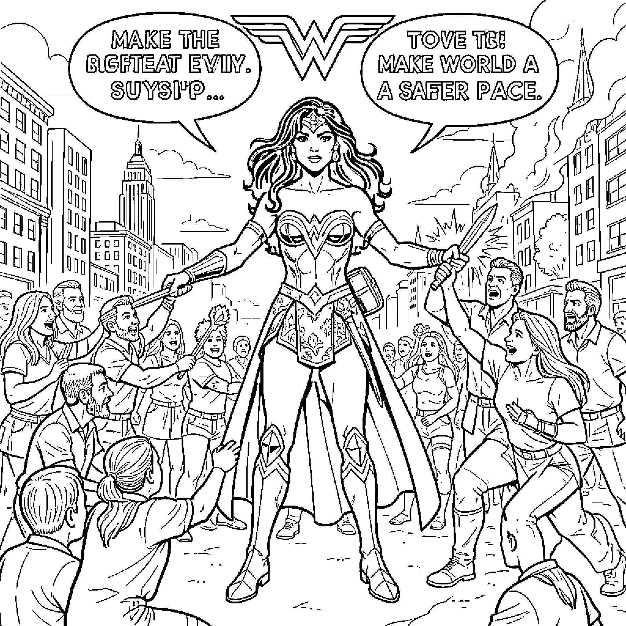 Wonder Woman standing heroically amidst a cheering crowd Coloring Page (free black-and-white line drawing printable PDF for all, from beginners to advanced learners, including children, teens, adults, and seniors)