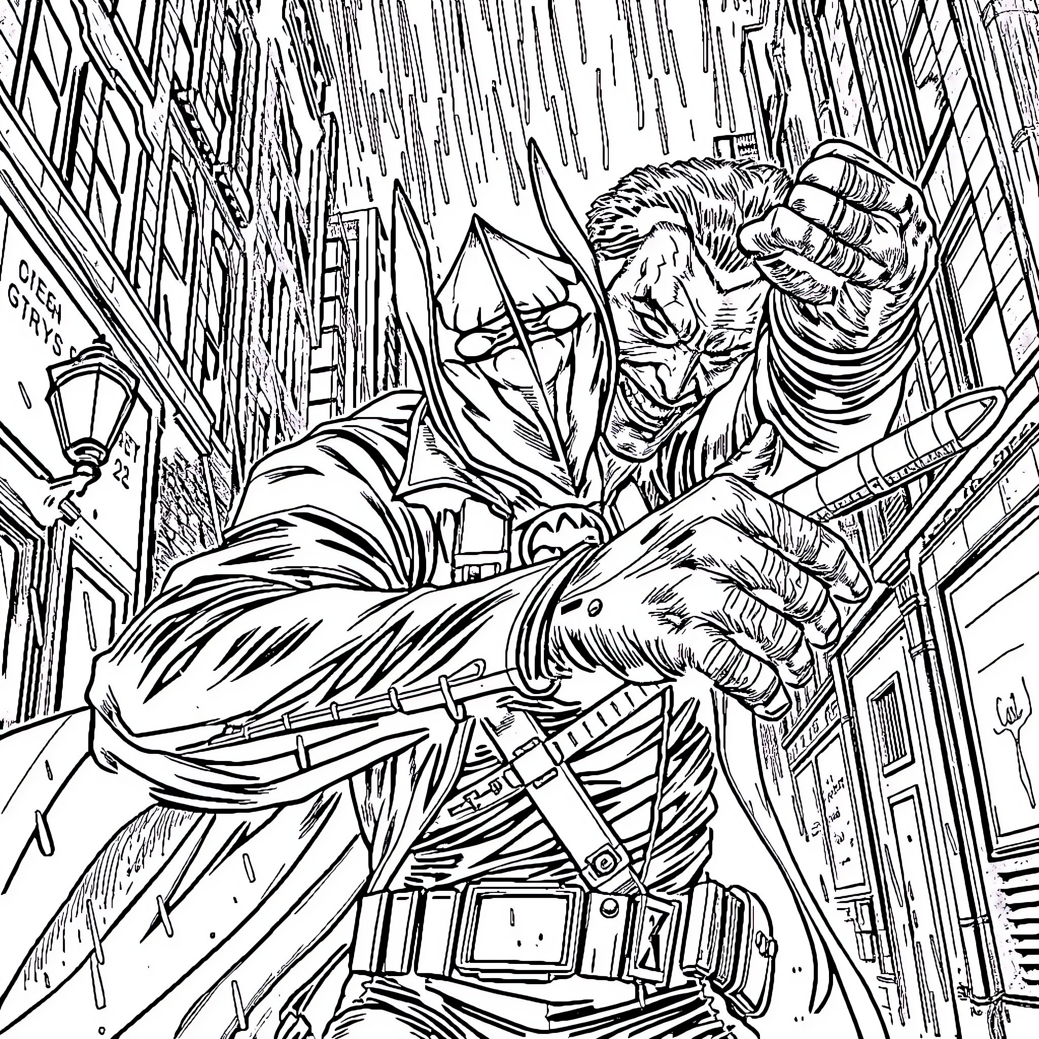 Red Hood fighting against the dark city Coloring Page (free black-and-white line drawing printable PDF for all, from beginners to advanced learners, including children, teens, adults, and seniors)